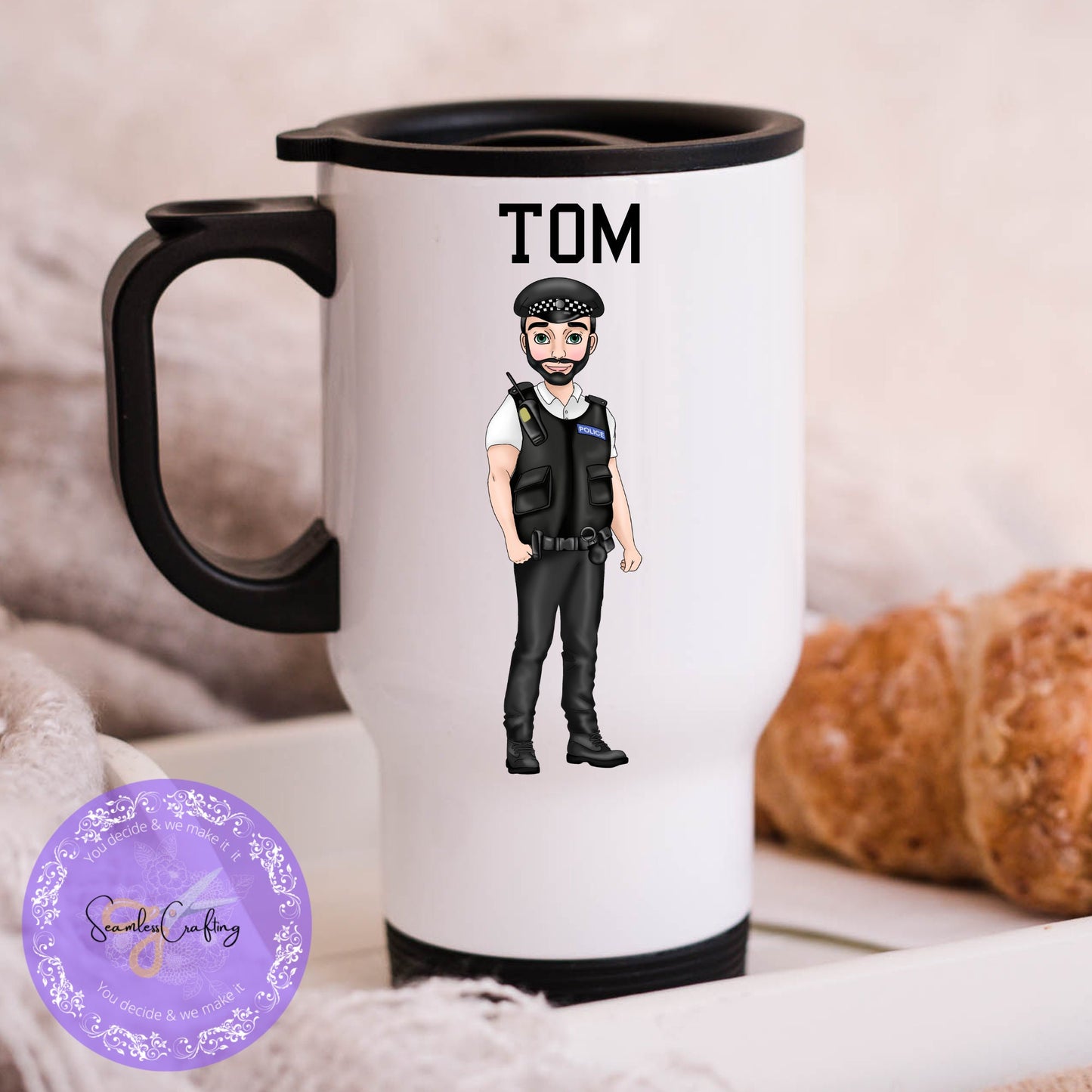 Personalised Male police officer travel mug, Policeman gifts, New PCSO, Copper coffee cup, Build your character, Travel Thermos mug