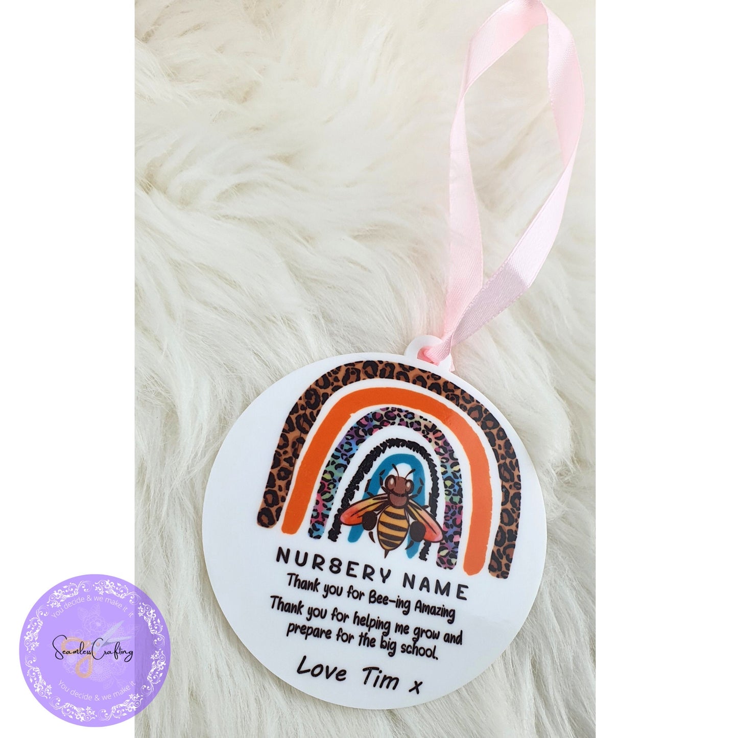 Peronalised Bee Rainbow Nursery teacher, practitioner hanging keepsake plaque, Thank you keepsake gift, childminders ornament gift