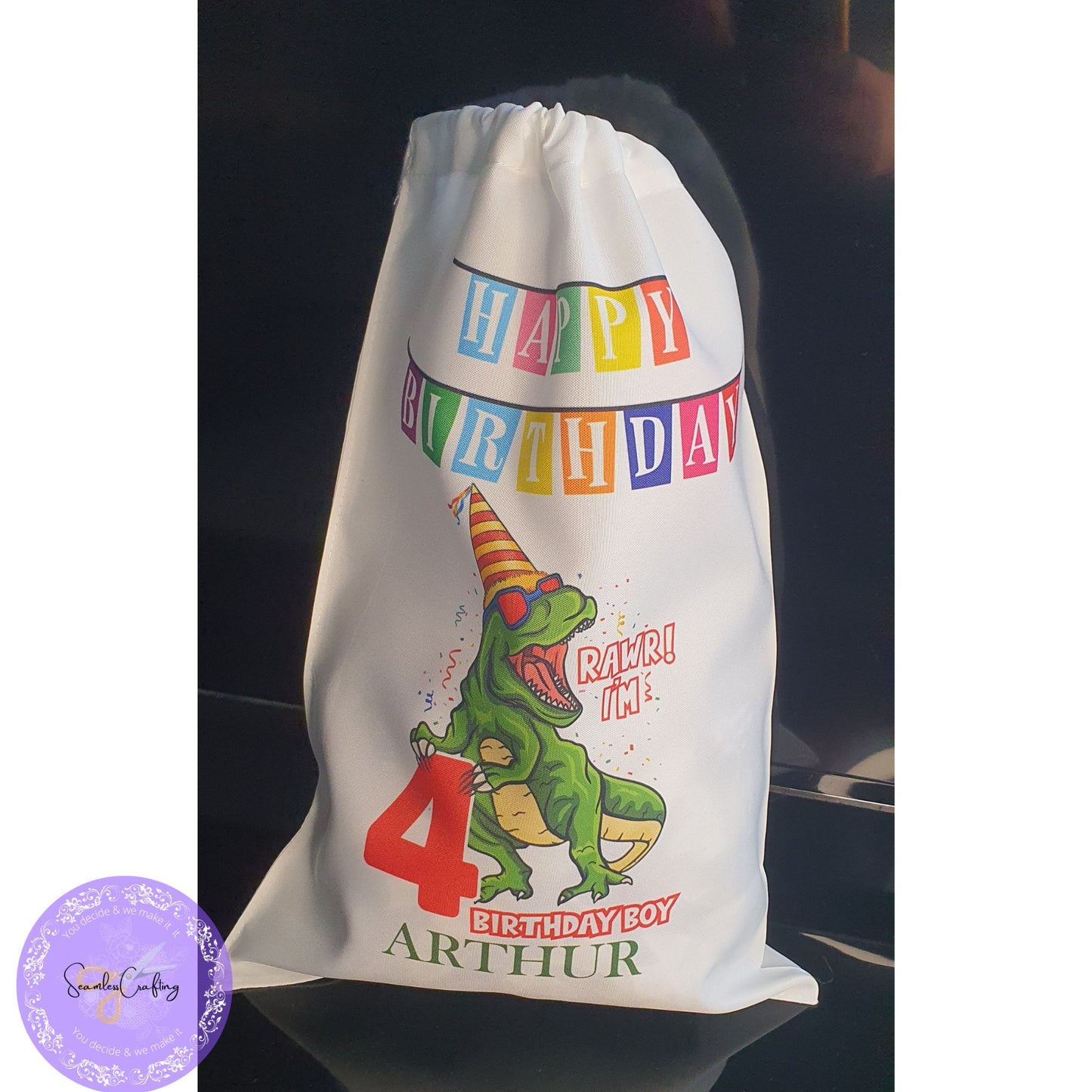 Personalised Name Birthday Gift Sack, Trex Toy Gift Bag, Happy Birthday Bag, Goodie Bag, Present Bag, Toddler, Storage Toy Bag, Unisex Bag