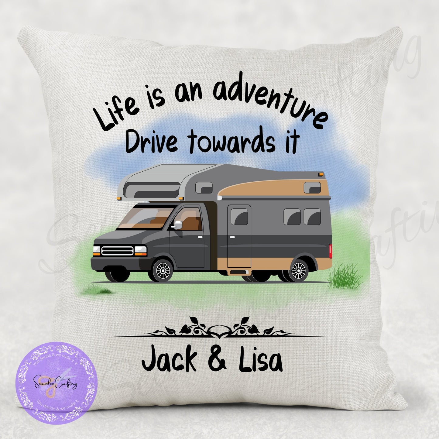 Personalised Motorhome Linen Cushion, add any text name, Campervan owners gifts, camping Pillow, Outdoor lovers present, First RV gift
