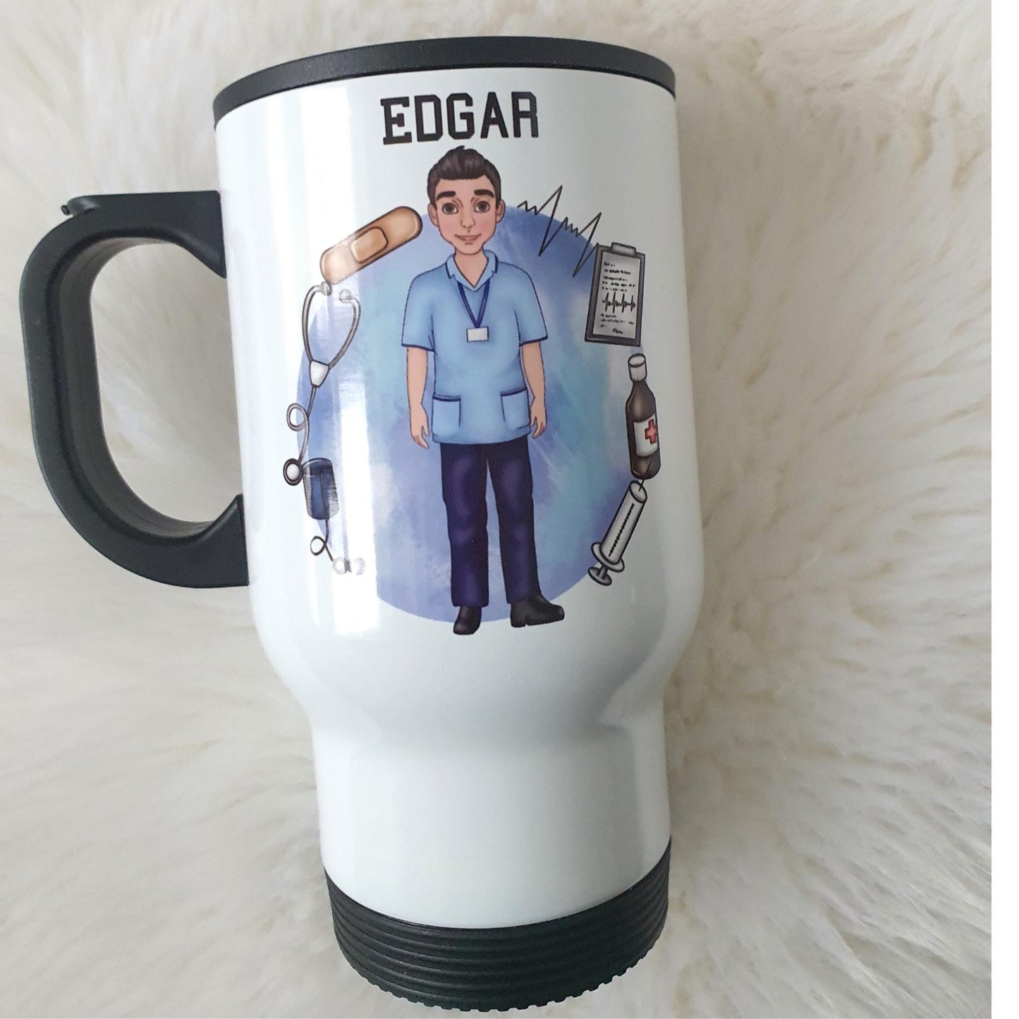 Personalised Male Nurse cup, Careworker custom mug, NHS Staff gifts, Healthcare Worker, Gift for him, Build your caricature men Travel Mug