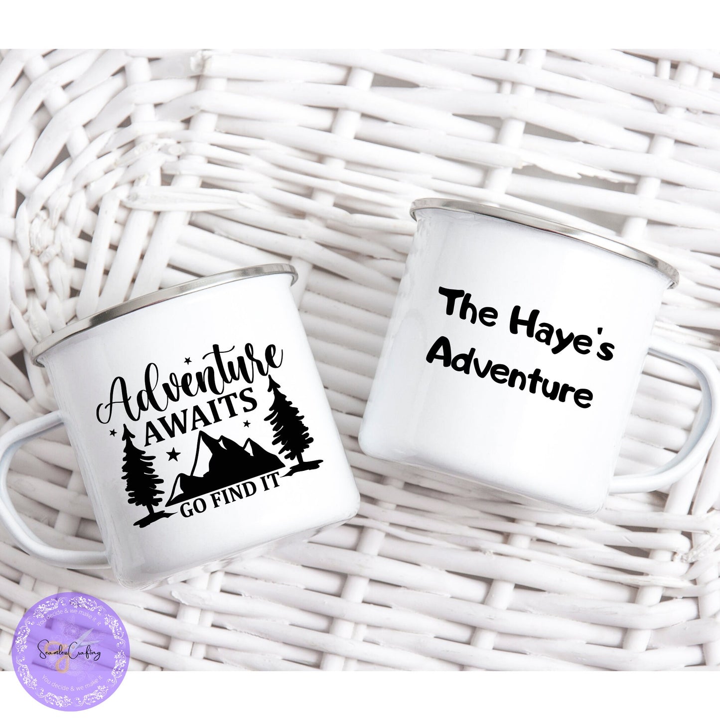 Personlised Adventure Awaits Enamel Mug, Enamel Camping Mug, Campass Camping Mug, Family Camping Gift, Gift For Campervan Lover, Campinglife