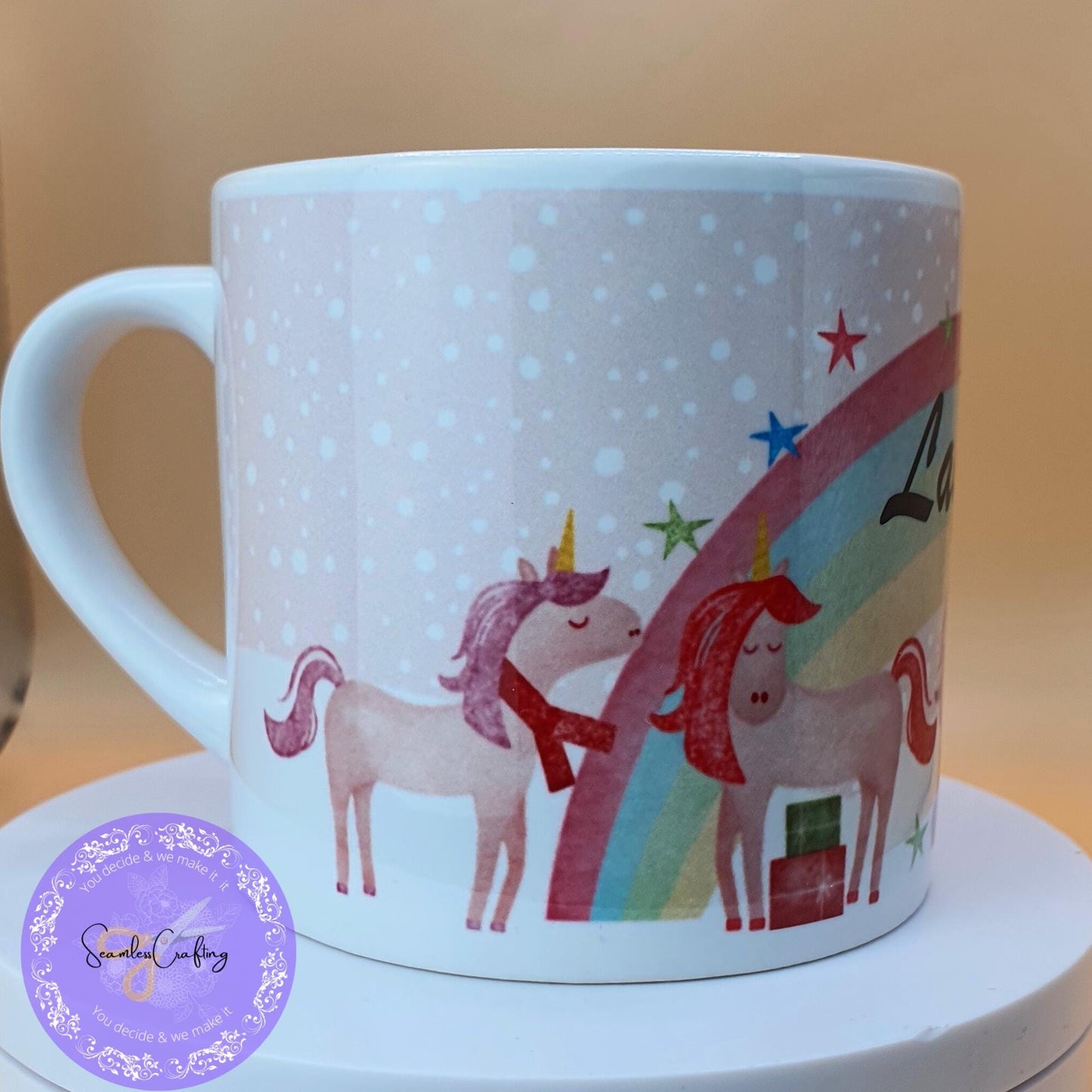 Personalised Christmas Dinosaur, Unicorn children's mugs, 6oz ceramic, 12 enamel cups, movie night, Stock fillers. Add any name