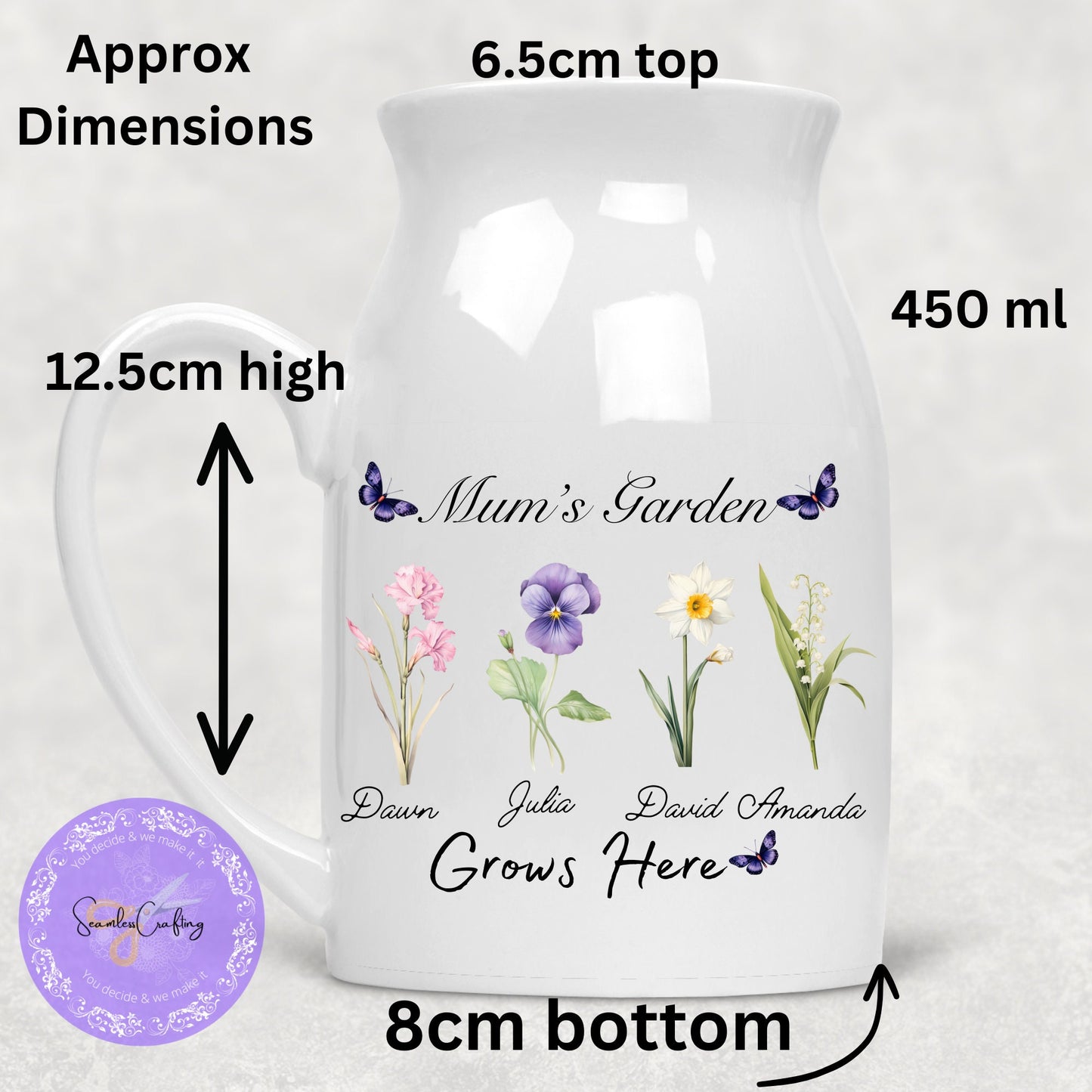 Personalised Mum's Nana's garden grows here, Ceramic Jug, Flower vase, Custom Floral names,