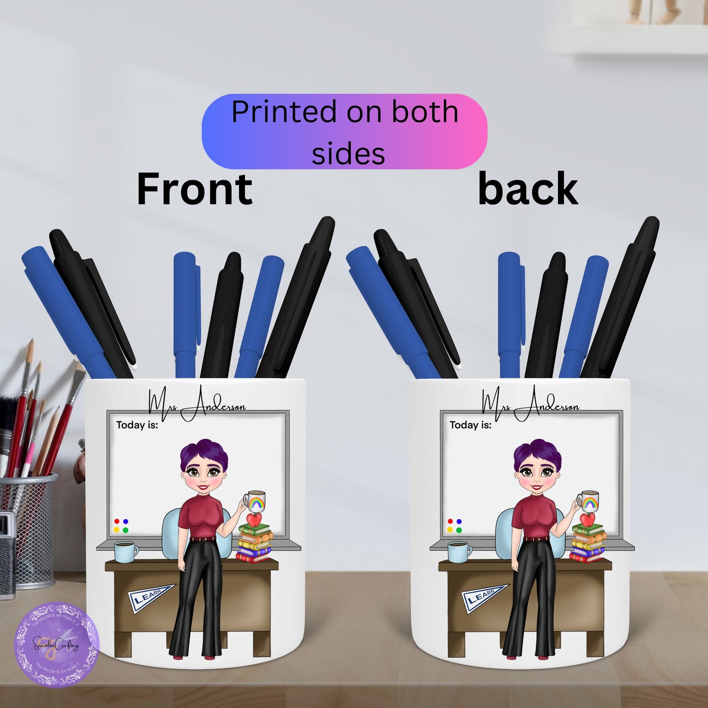 Personalised Female teacher Caricature, Character Pencil holder, End of School present, New Teacher, build your character, pens pot gift