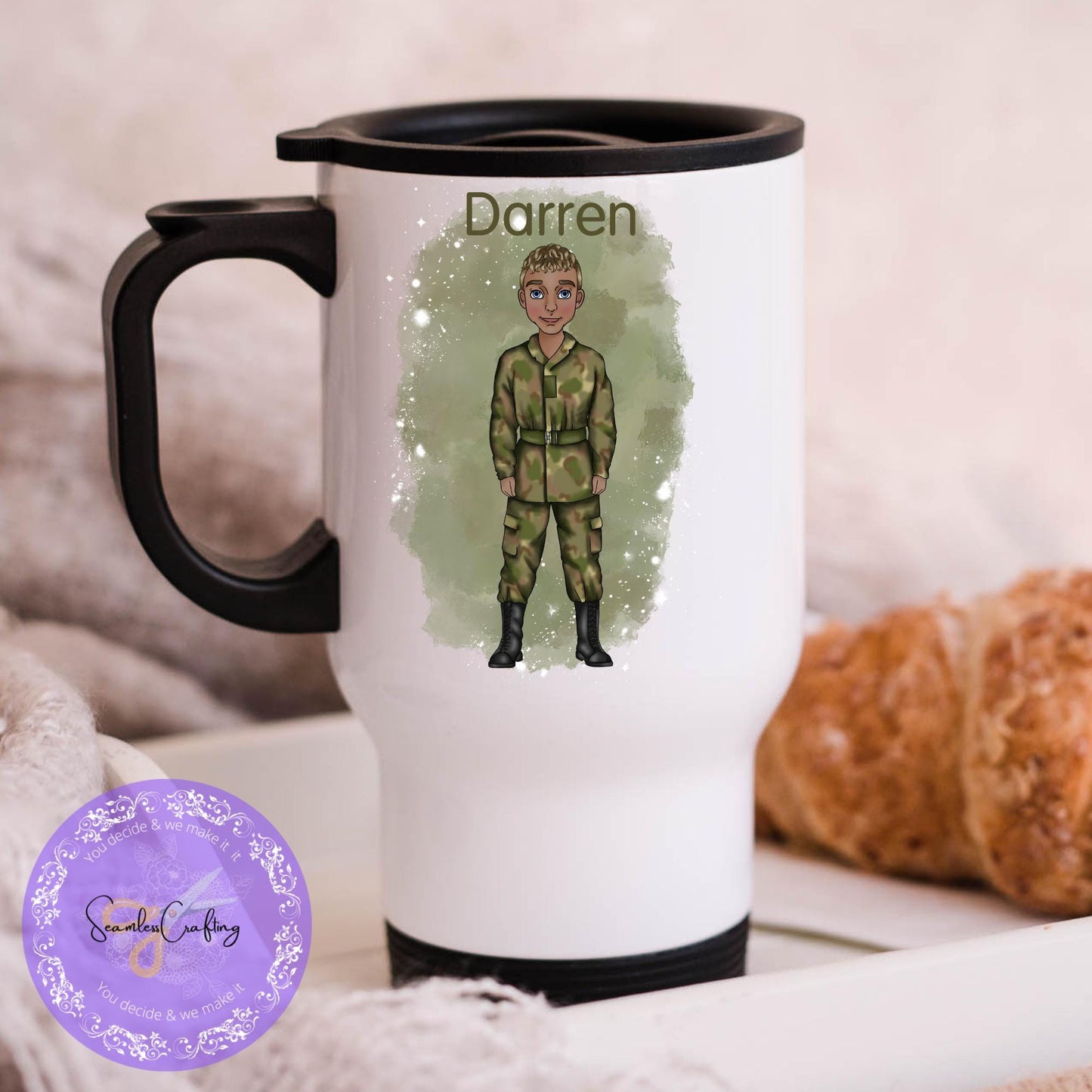 Personalised Male Army Soldier mug, Army Cadet gift, Military gifts, Build character, caricature, customise with name, Army themed present