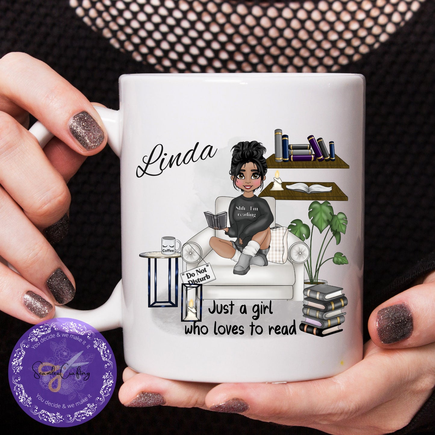 Personalised Caricature book lover mug, Just a girl who loves to read, Design your character cup, Reading teacup gift, Bookworm Cuppa