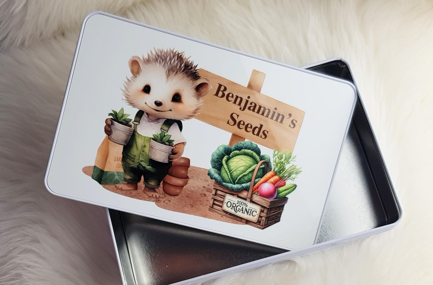 Personalised Hedgehog Gardening Seeds Tin, Garden Seed Storage, Add any name or text, Aluminium metal allotment keepsake, seed kit box