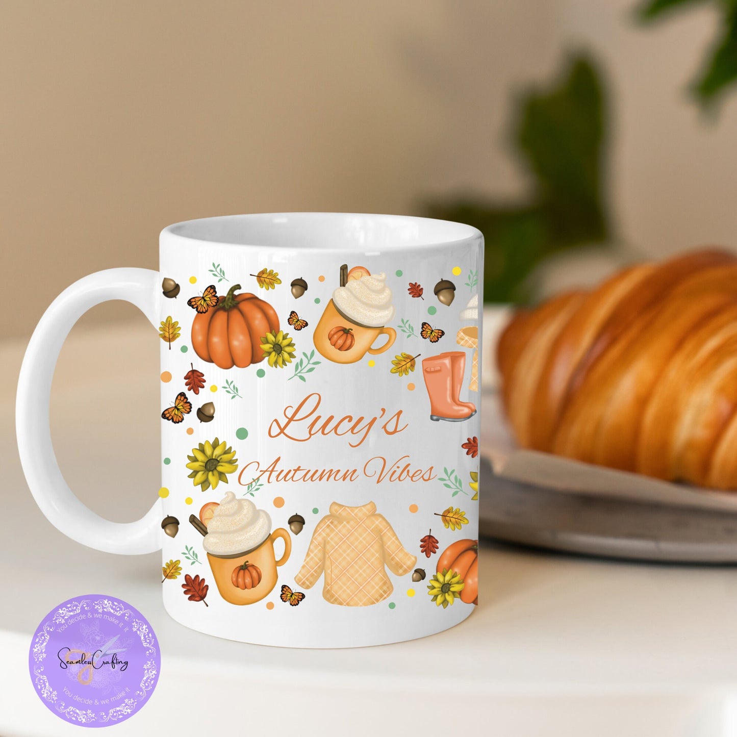 Personalised Autumn Vibes Mug, Gift for Autumn lovers, pumpkin mug, Fall season Mug, Customizable Mug, add any name