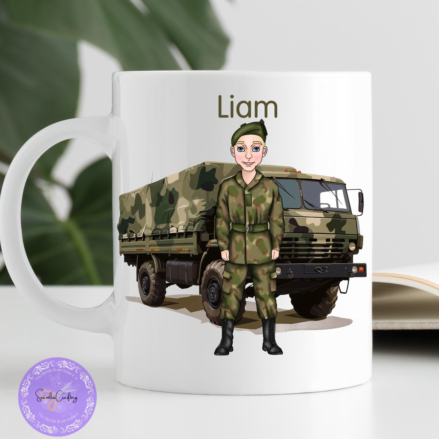 Personalised Male Army Soldier mug, Army Cadet gift, Military gifts, Build character, caricature, customise with name, Army themed present