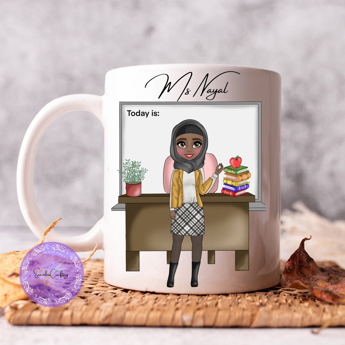 Personalised Female teacher Caricature, Character Coffee mug, End of School present, New Teacher, build your character, Thermal cup TA gift