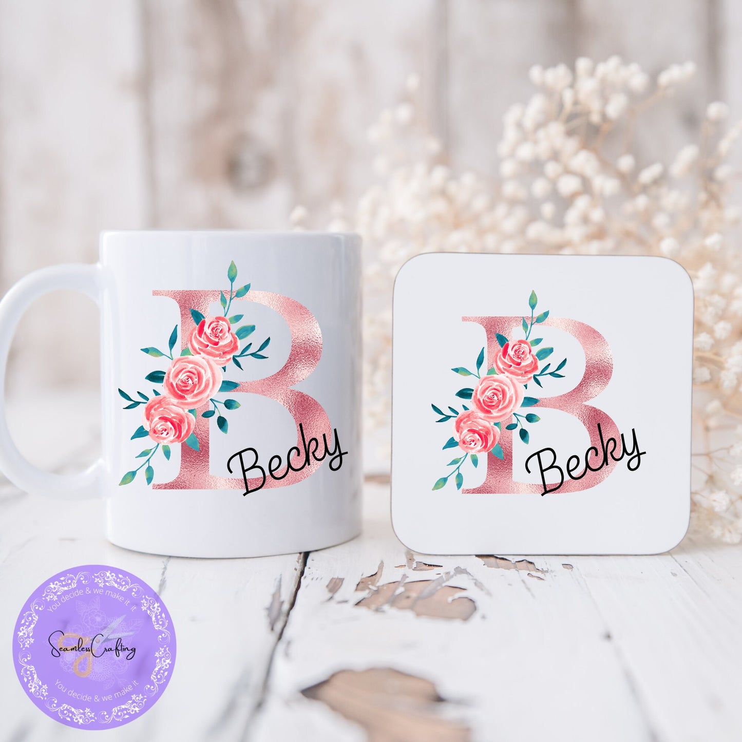 Personalised Rose Gold Floral Initial Gift Mug, Gift For Her, Custom Initial Mug, Birthday Gift Mug, Elegant Bridesmaid, wedding, Coworkers