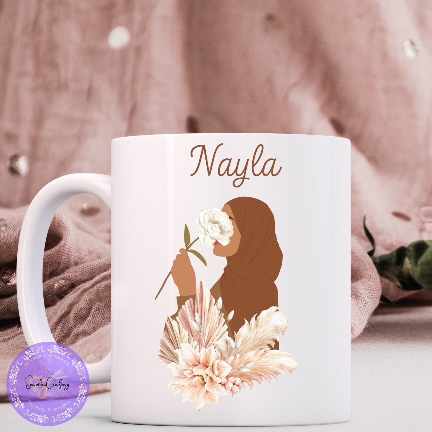 Personalised Eid Gift, Muslim Woman hijab Mug, Name in Arabic, Islamic, Mug, Hijabi Tumbler Gift For Her, Islamic Name Mug, flower hijab