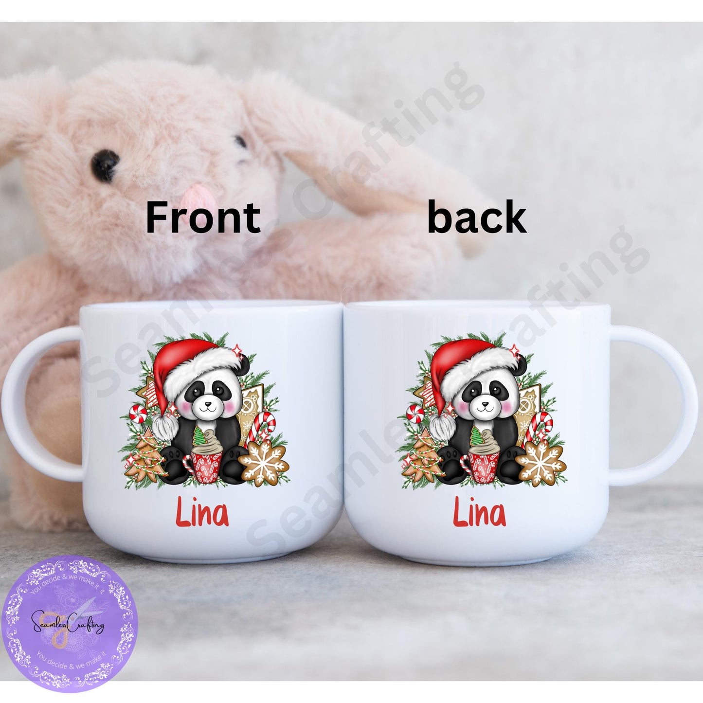 Personalised Christmas Panda, Children's unbreakable cup, 6 0z &12 oz Christmas movie mug, Hot chocolate mug, Pink, Red Panda, Add any name