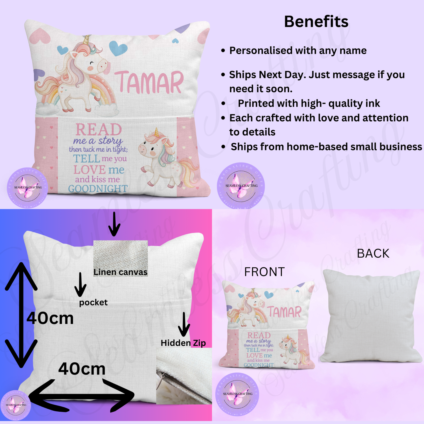Personalised Unicorn Reading Cushion for Kids – Custom Name Bedtime Pillow with Pocket | Read Me a Story Cushion | Girls’ Gift | Nursery Decor UK