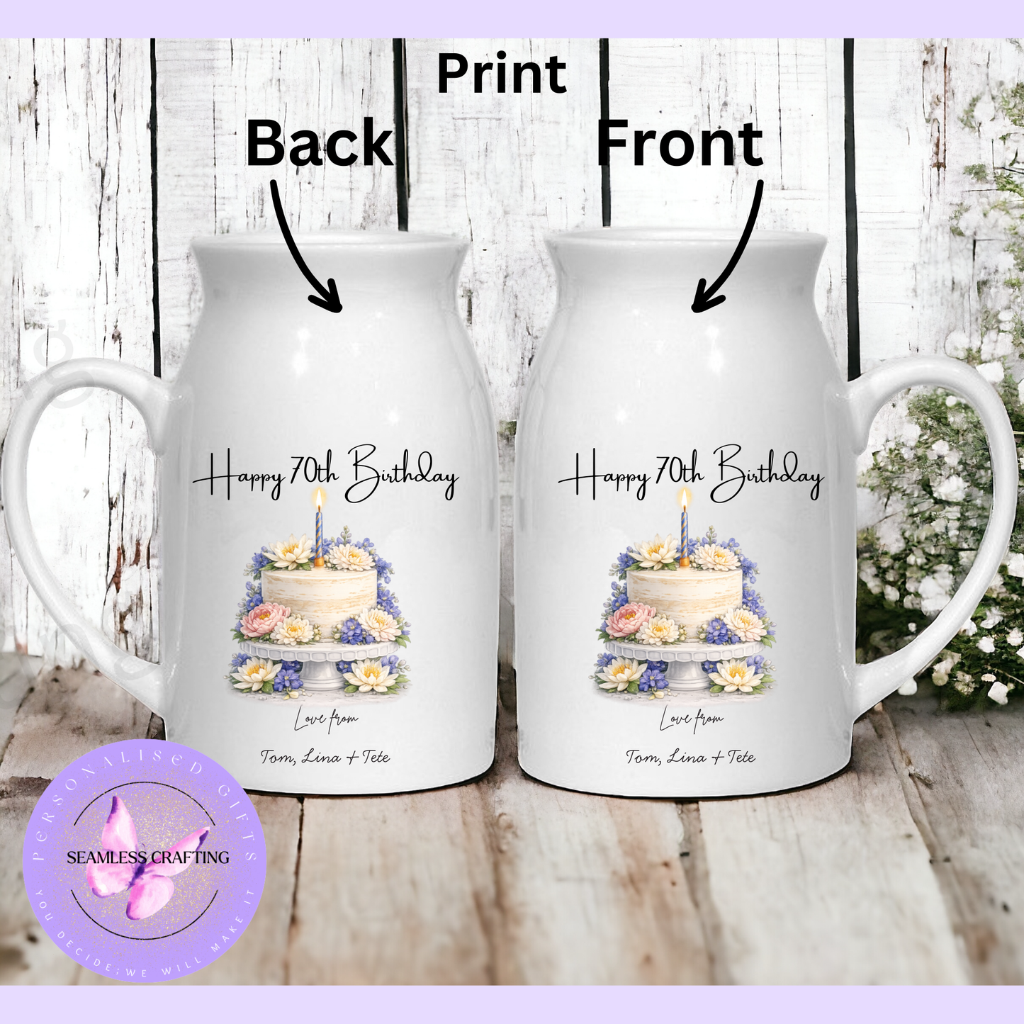 personalised flower jug printed both sides custom birthday vase floral design