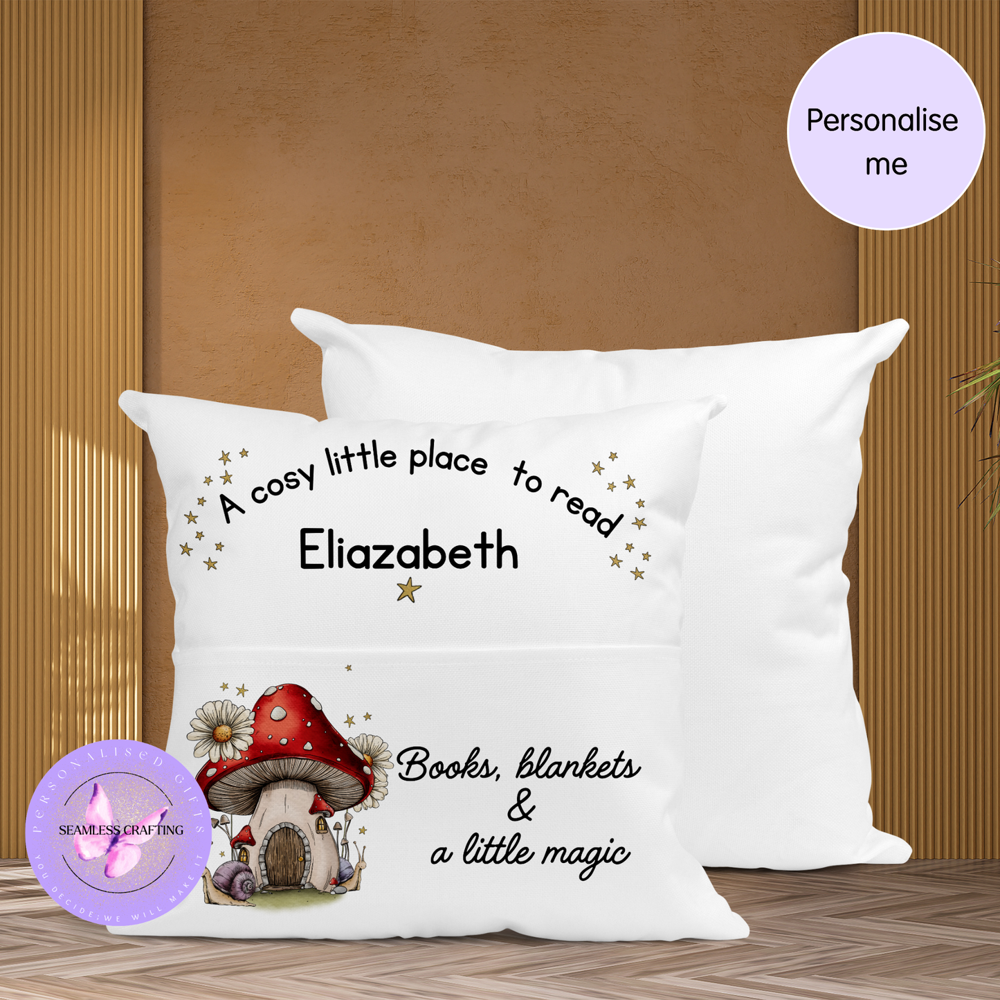 Personalised Whimsical Reading Cushion with Pocket – Cosy Book Pillow for Kids, Custom Name Cushion, Woodland Mushroom Gift