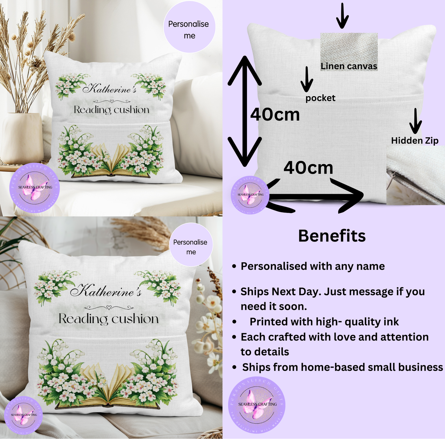 May Birth Flower Reading Cushion – Personalised Lily of the Valley Pillow with Pocket, Custom Name Gift for Book Lovers 40x40 Linen