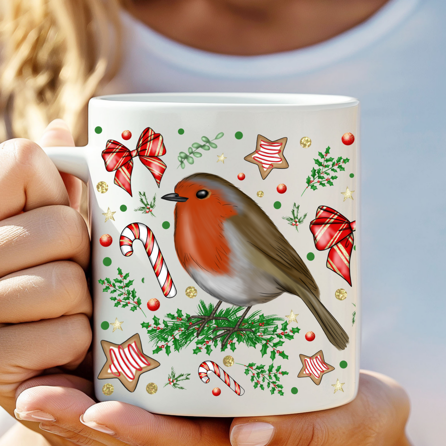 Christmas Robin Mug – 11oz Ceramic Cup – Festive Holiday Coffee Mug with Candy Canes and Bows – Winter Gift