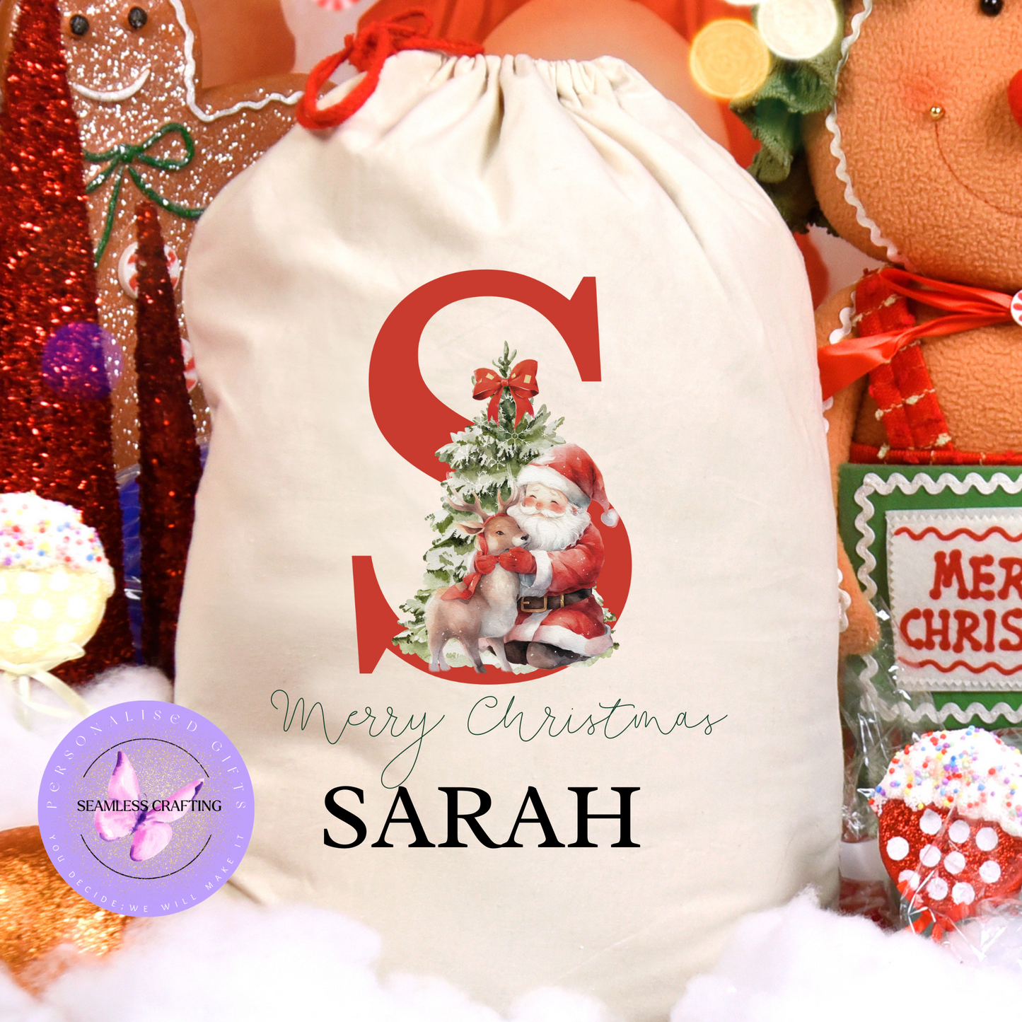 Personalised Alphabet Christmas Santa Sack – Custom Name Linen Gift Bag with Santa Design | Large & Small Sizes