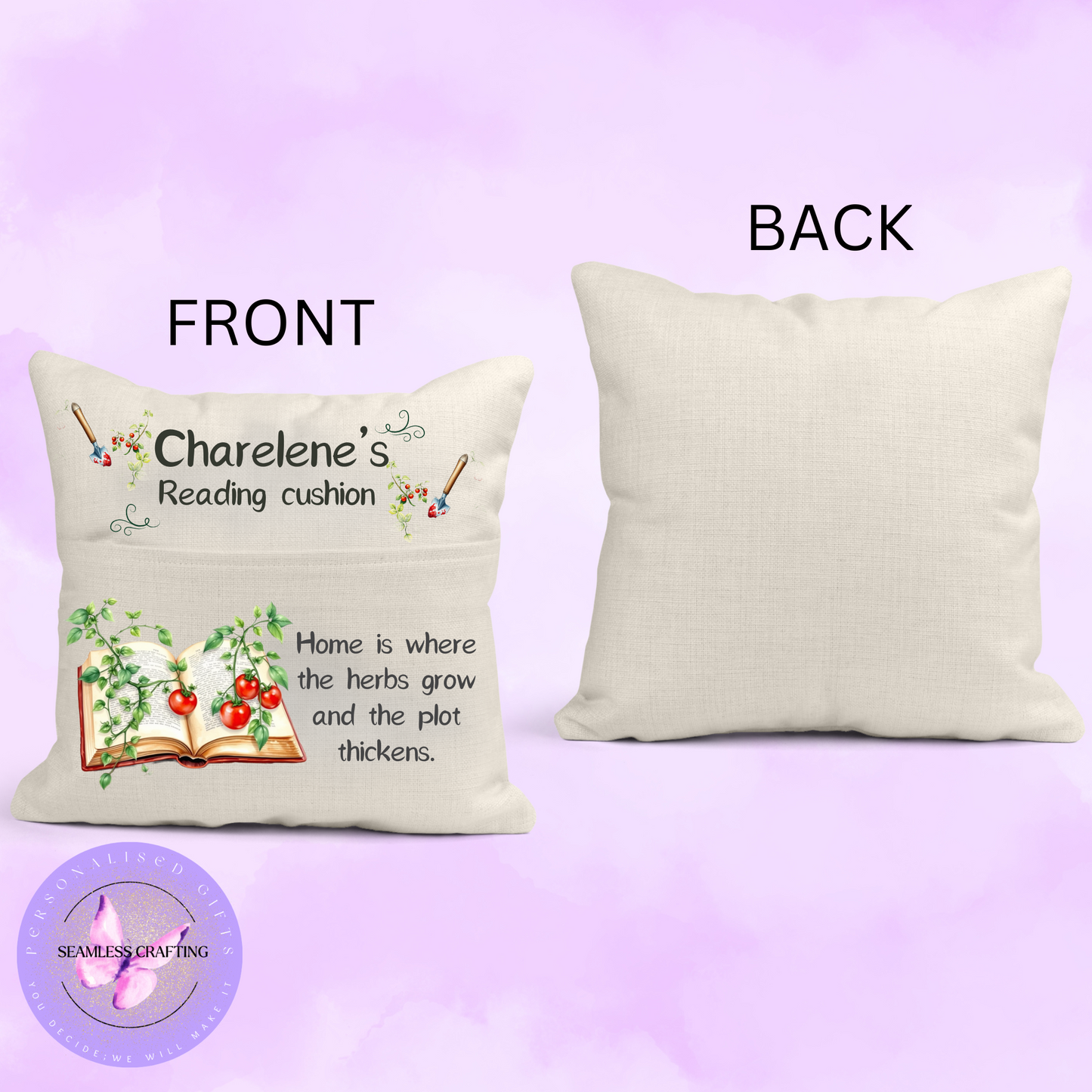 Personalised Book & Plant Lover Cushion – 40x40cm with Hidden Zip & Pocket – “Home Is Where The Herbs Grow & The Plot Thickens” – Gift for Readers & Gardeners