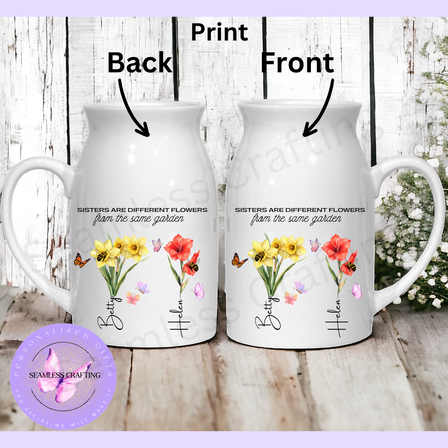 Personalised Sister Jug Vase – Birth Month Flower Gift with Name – Custom Ceramic Keepsake – Small or Medium Size – Floral Sister Gift