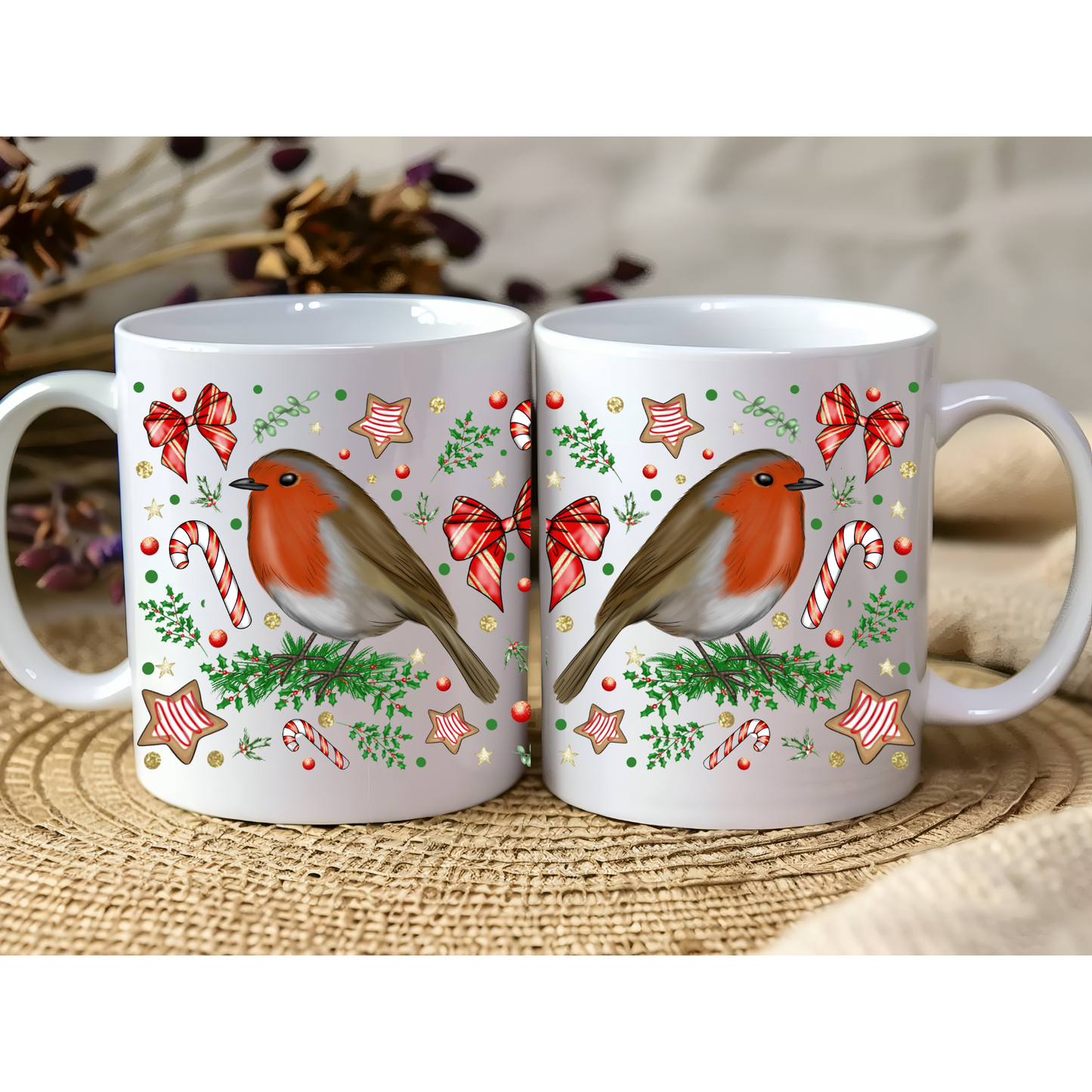 Christmas Robin Mug – 11oz Ceramic Cup – Festive Holiday Coffee Mug with Candy Canes and Bows – Winter Gift