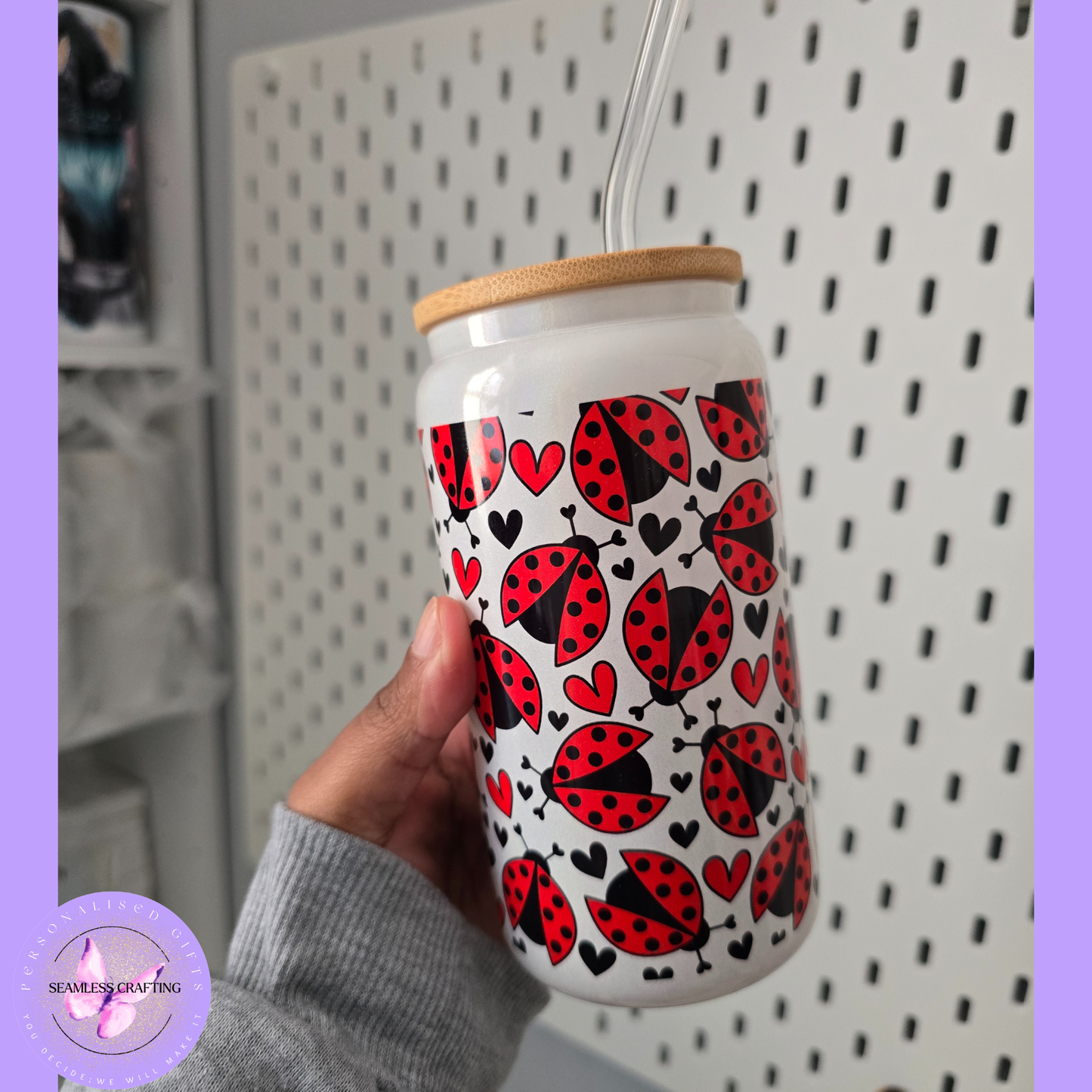 Ladybird Libbey Glass 16oz Shimmer Frosted Can Glass With Straw Cute Love Heart Cup Limited Stock