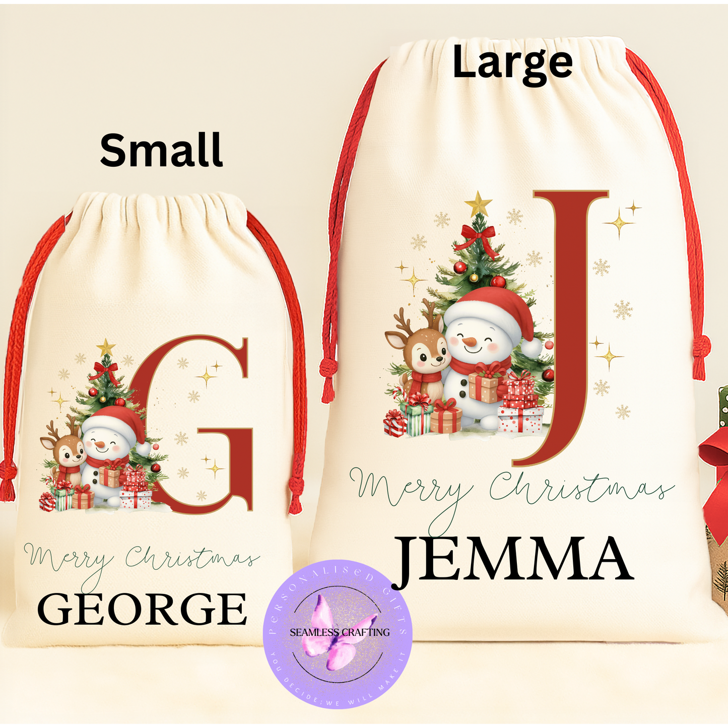 ersonalised Snowman Alphabet Christmas Santa Sack – Custom Name Linen Gift Bag | Large & Small Sizes