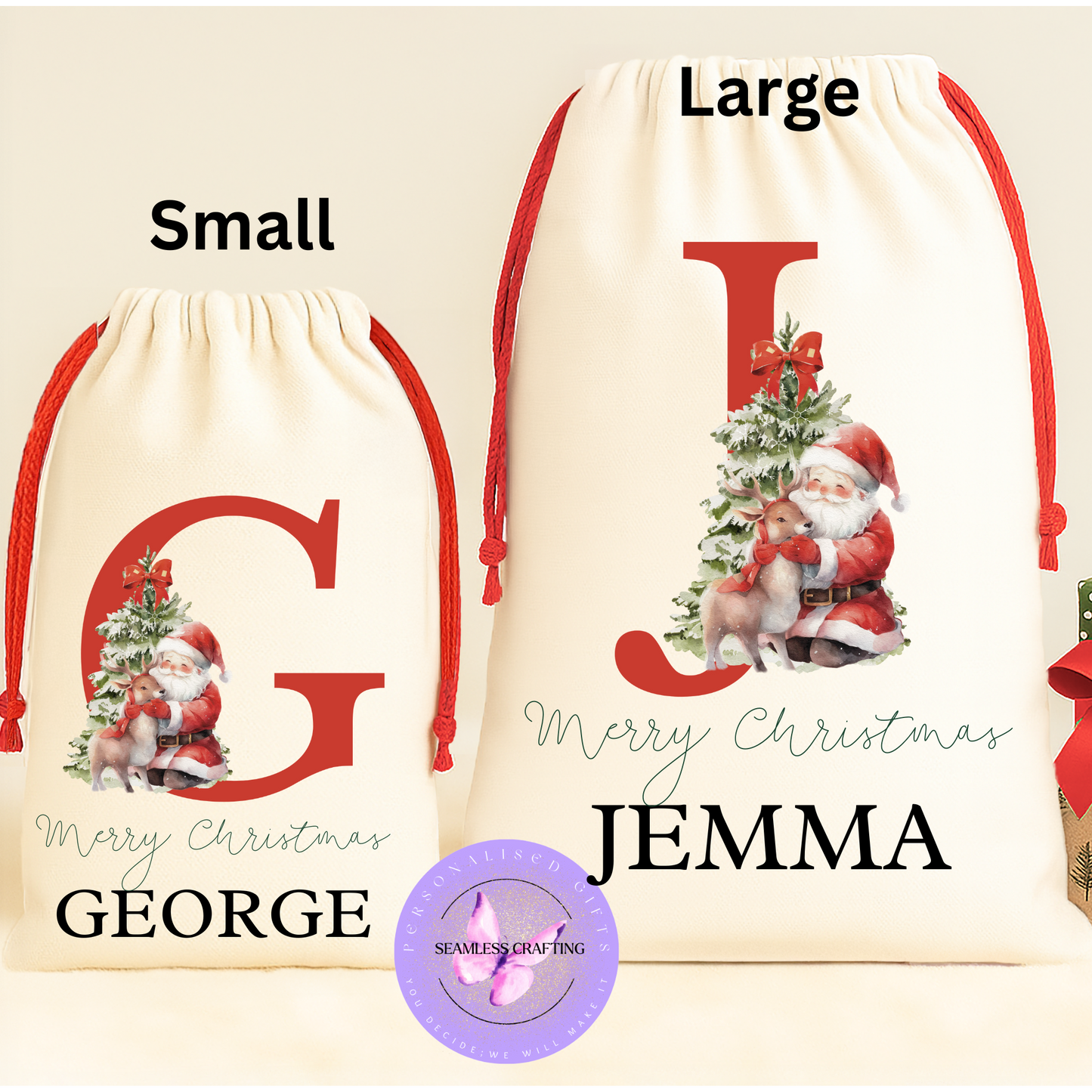 Personalised Alphabet Christmas Santa Sack – Custom Name Linen Gift Bag with Santa Design | Large & Small Sizes