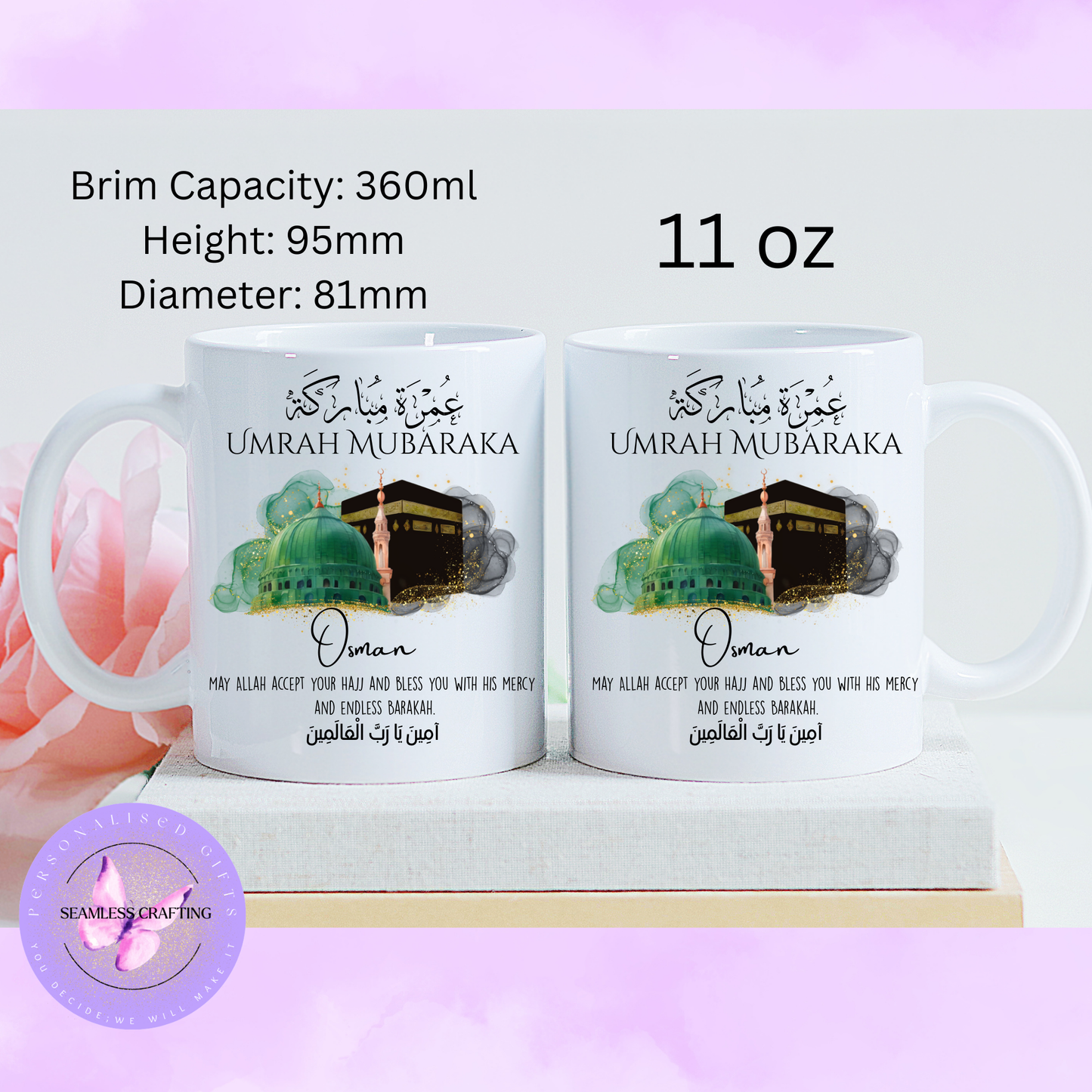 Personalised Hajj or Umrah Mubarak Mug – White, Pink, or Blue Handle – Custom Islamic Gift with Name