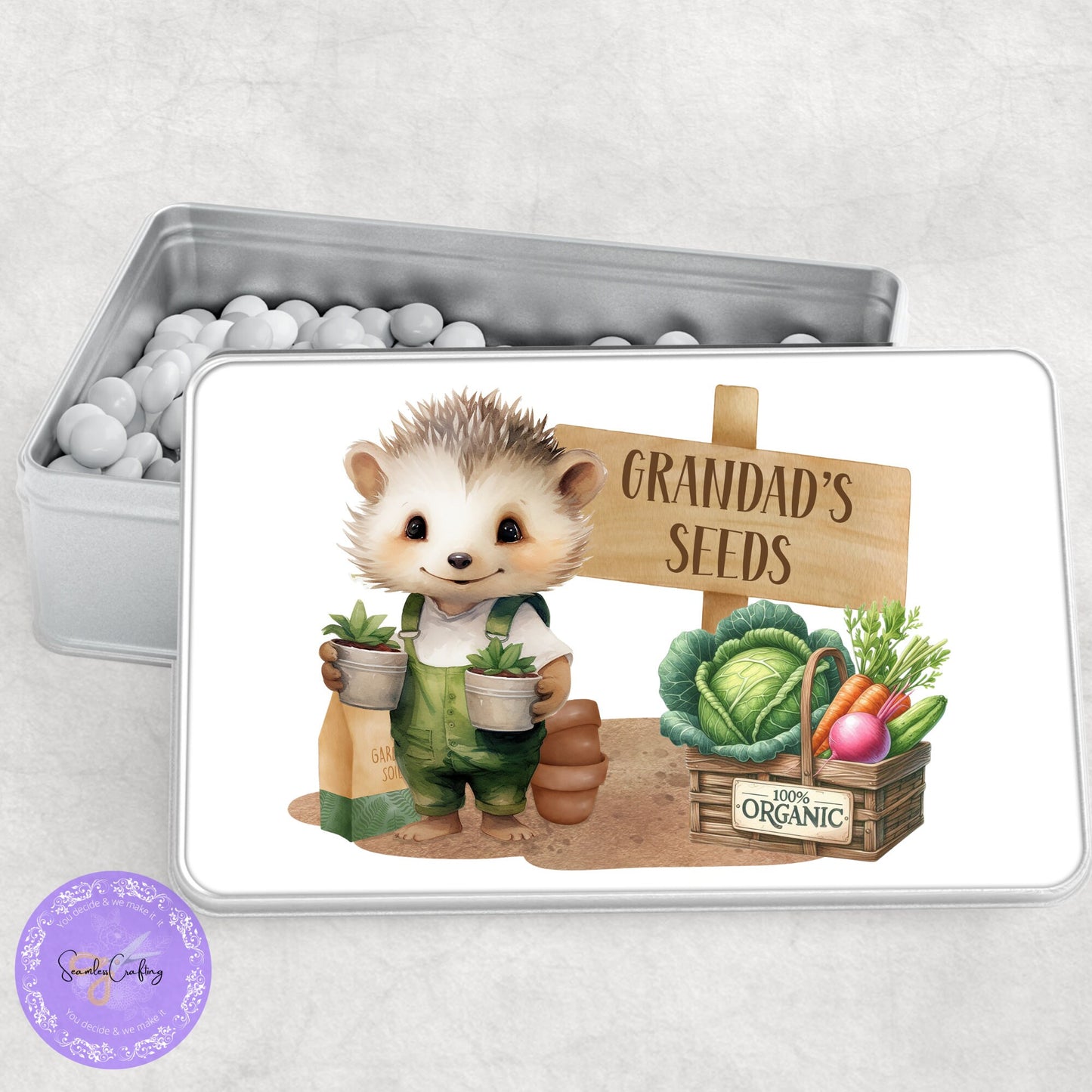 Personalised Hedgehog Gardening Seeds Tin, Garden Seed Storage, Add any name or text, Aluminium metal allotment keepsake, seed kit box