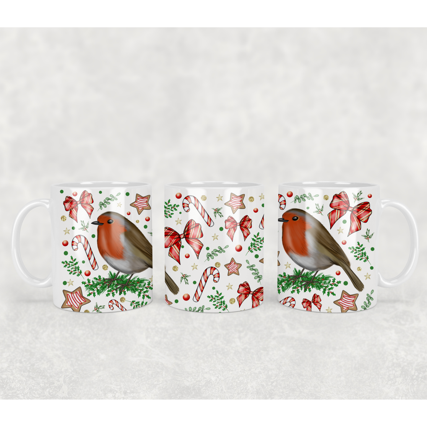 Christmas Robin Mug – 11oz Ceramic Cup – Festive Holiday Coffee Mug with Candy Canes and Bows – Winter Gift