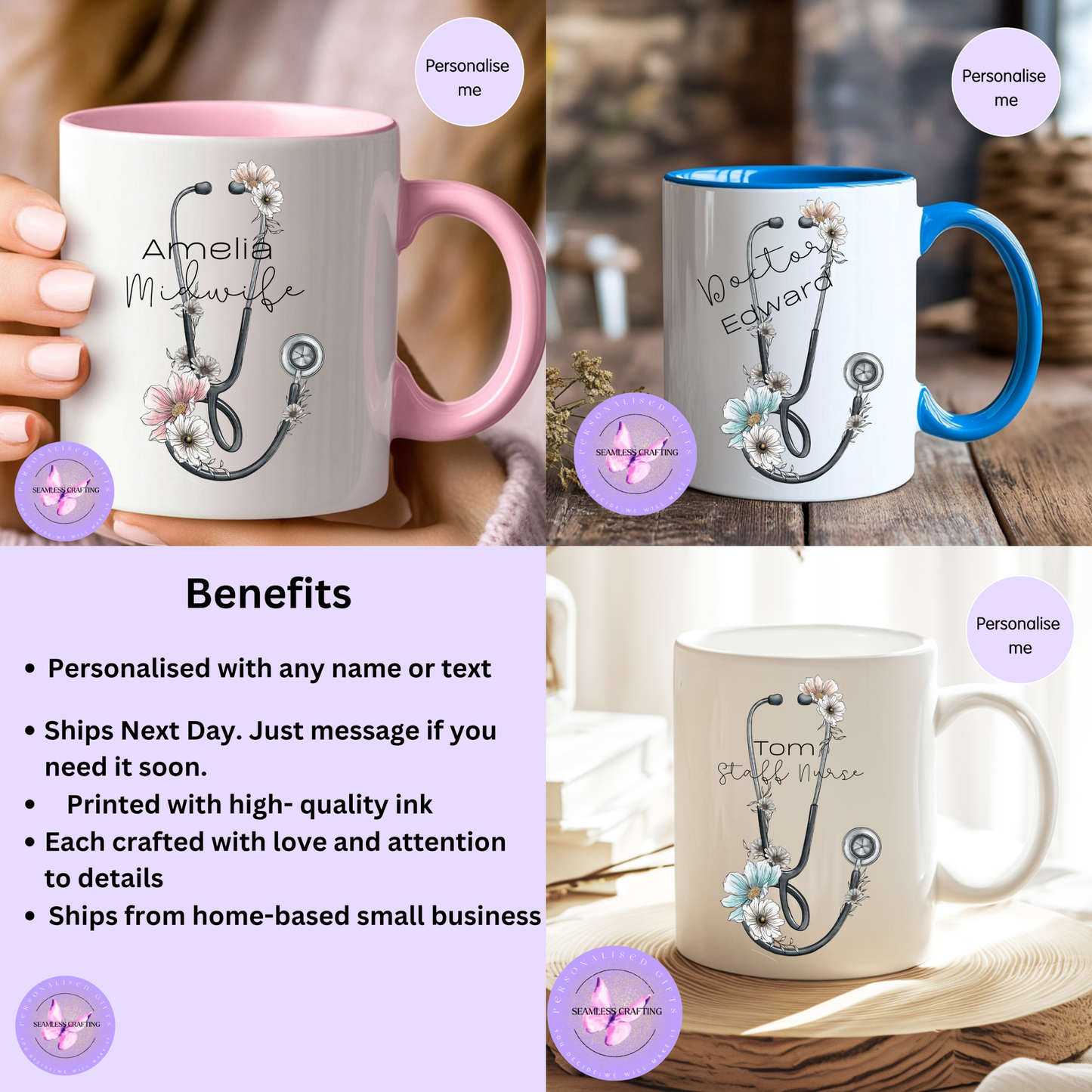 Personalised Nurse Mug with Name | Custom Stethoscope Floral Cup | Nurse Gift UK | Midwife Doctor Appreciation Mug 11oz