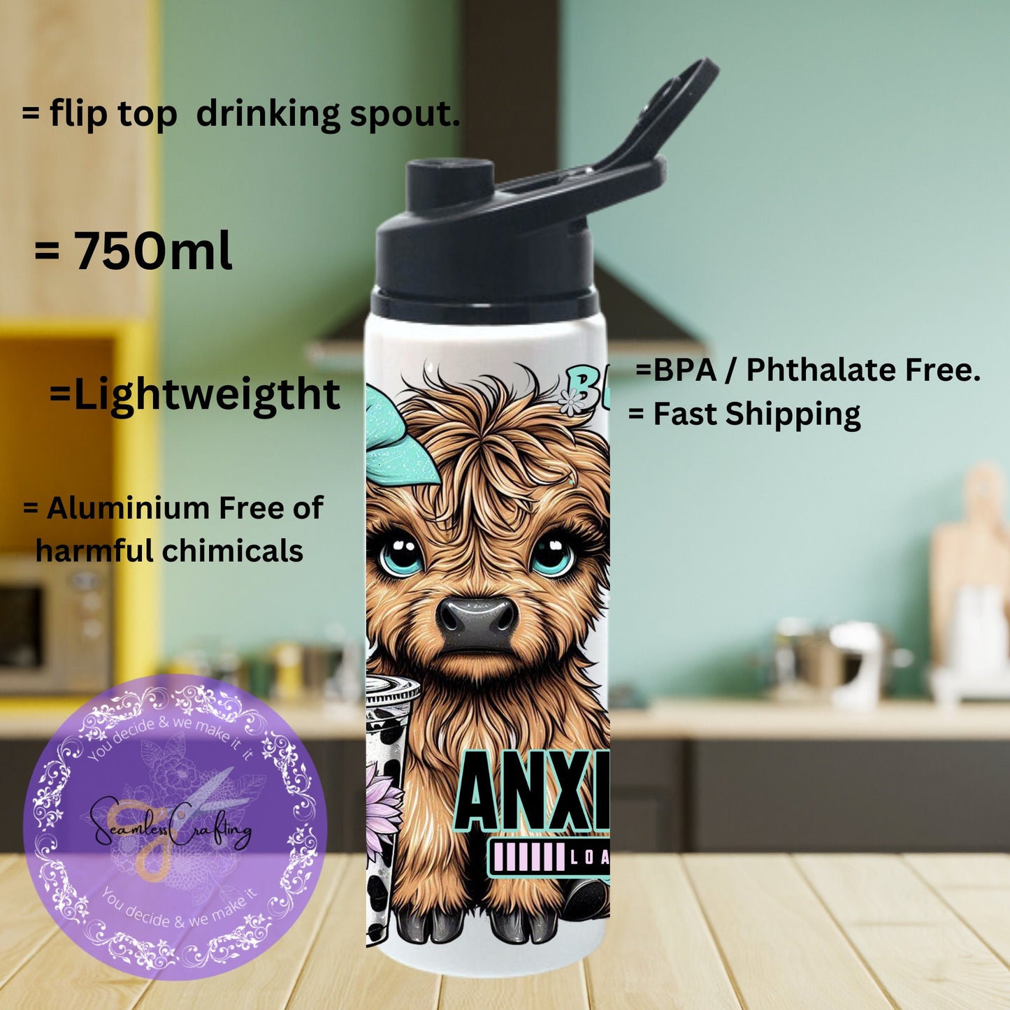 Personalised Funny Highland Cow Bottle - 20 oz Tumbler | Positive Affirmation Gift, Cute Highland Coo Design, Stainless steel, Add any name