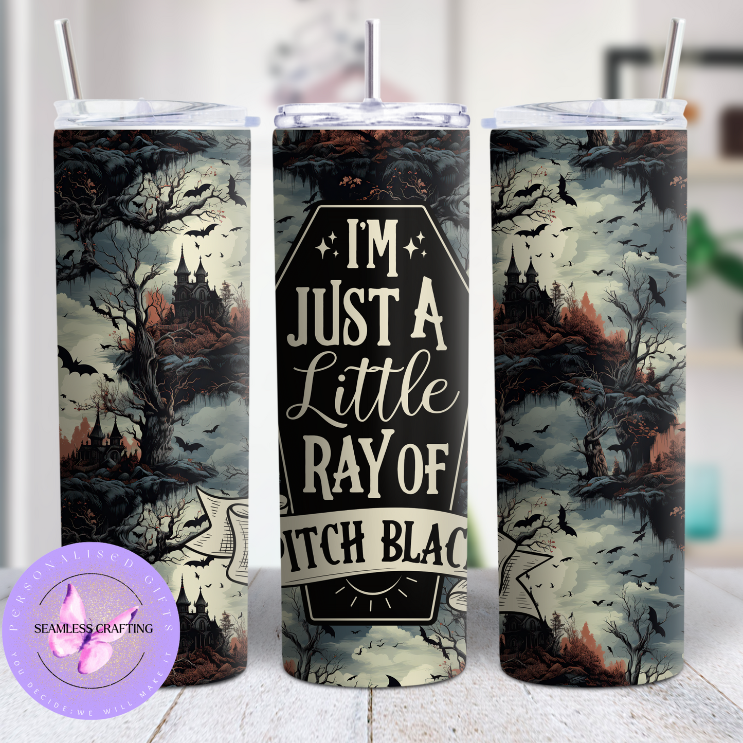I'm Just a Little Ray of Pitch Black 20oz Stainless Steel Tumbler – Gothic Halloween Travel Cup with Straw & Lid