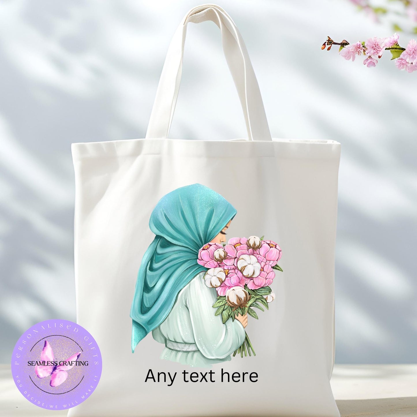 Personalised Eid Gift, Muslim Woman hijab tote, Name in Arabic, Hijabi shopping tote bag Gift For Her, Islamic Name tote, flower hijab woman