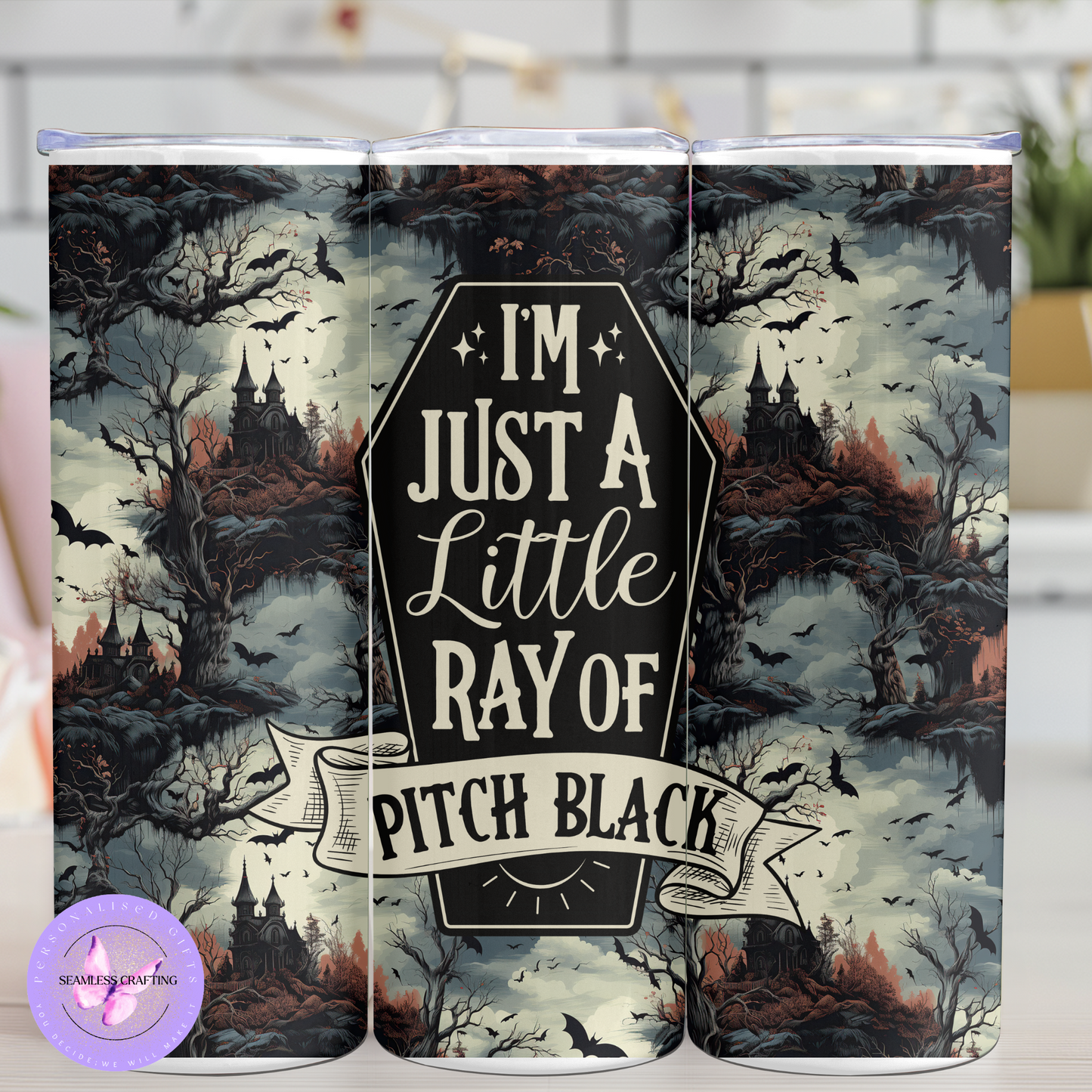 I'm Just a Little Ray of Pitch Black 20oz Stainless Steel Tumbler – Gothic Halloween Travel Cup with Straw & Lid