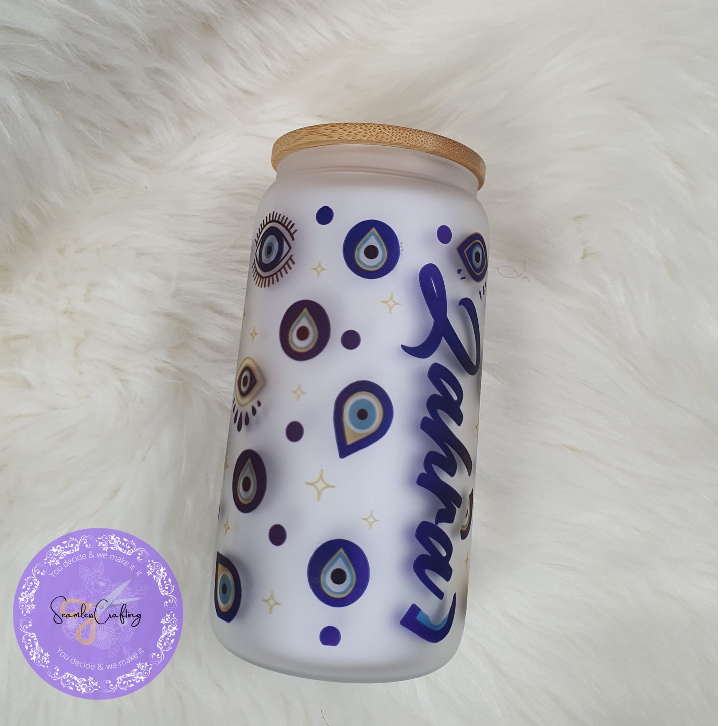 Personalised All-Seeing Eye Cup. Turkish Eye Protection, Spiritual Glass Cup Gift, Beer Can Glass Evil Eye Style, Bambo Lid with Straw