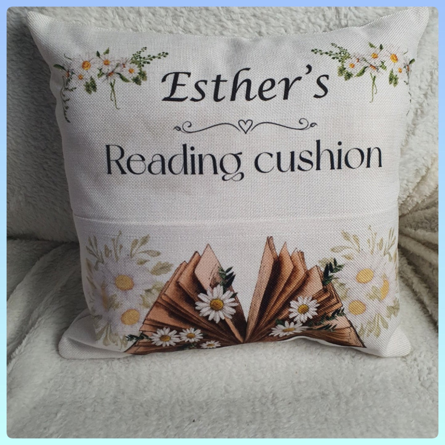 Personalised Pocket Reading Book Cushion, Sunflower book design gift, Booklover pillow Bedroom Decor, Unique Cushion Gift, Housewarming gift