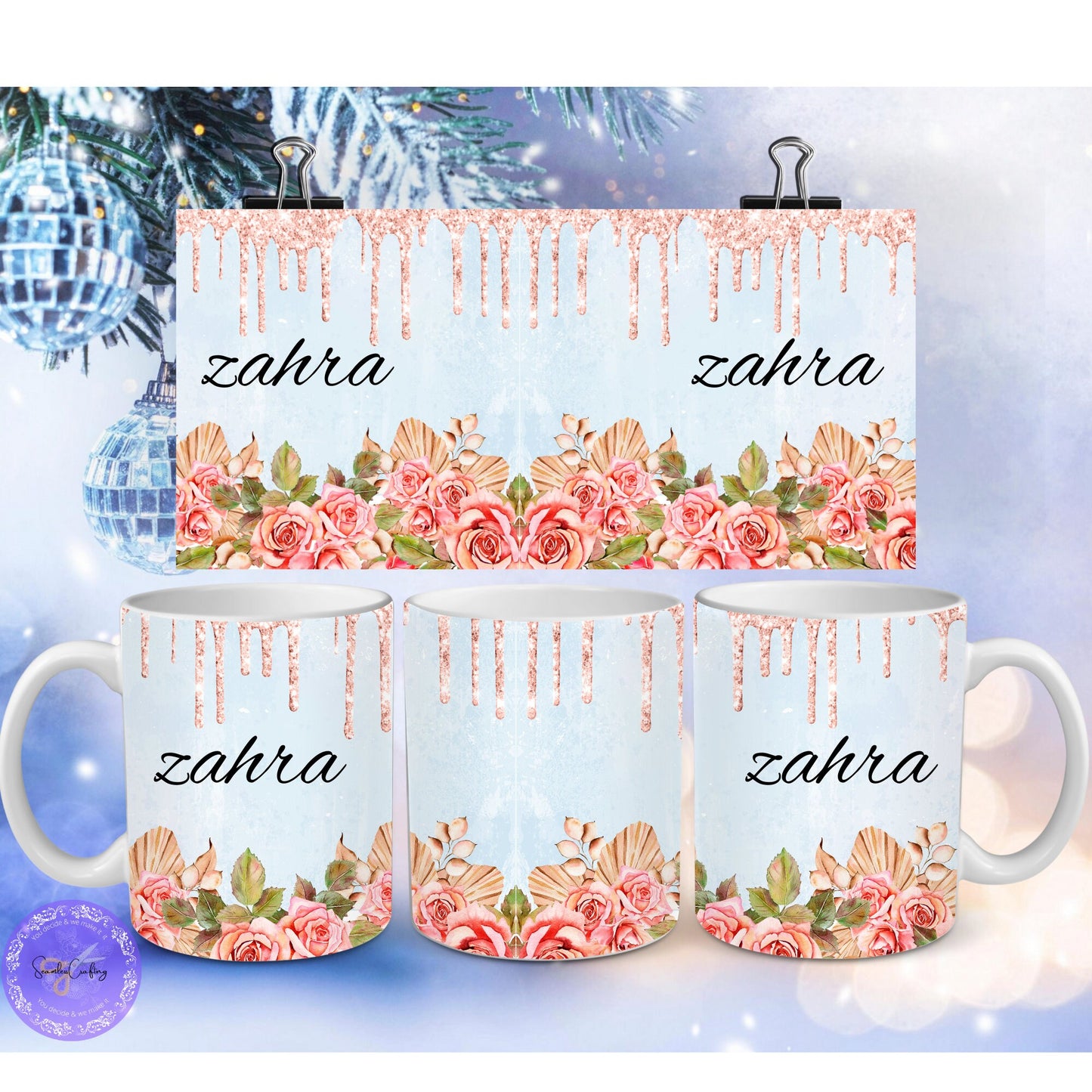 Personalised Arabic Name & English Pink Flower Mug, Custom Mug, Gift for her, Floral coffee Mug, Bride, Present, Friend Eid Gift, Coffee Cup