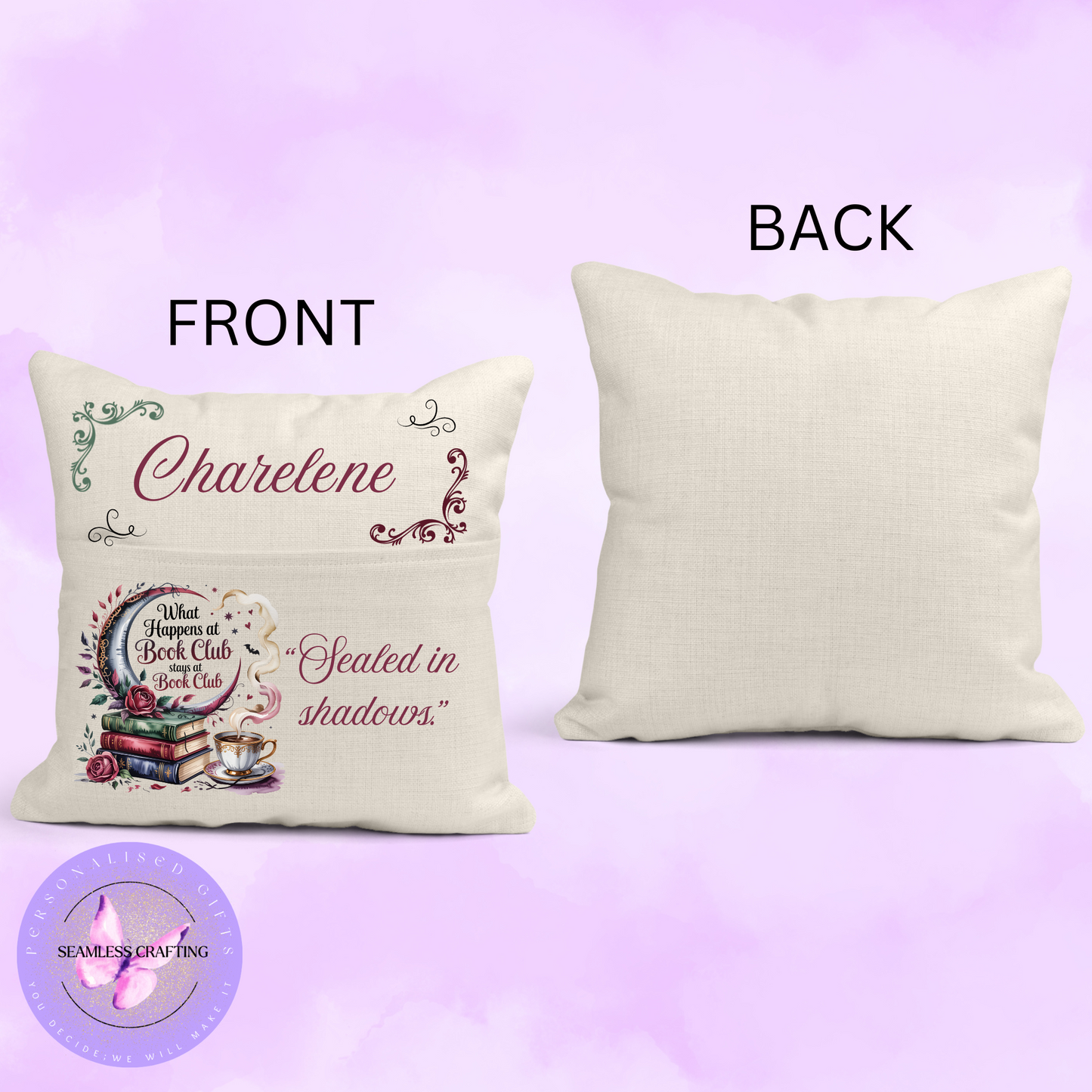 Personalised “What Happens at the Book Club Stays at the Book Club” Cushion – 40x40cm with “Sealed in Shadows” – Fun Gift for Book Lovers & Book Club Members