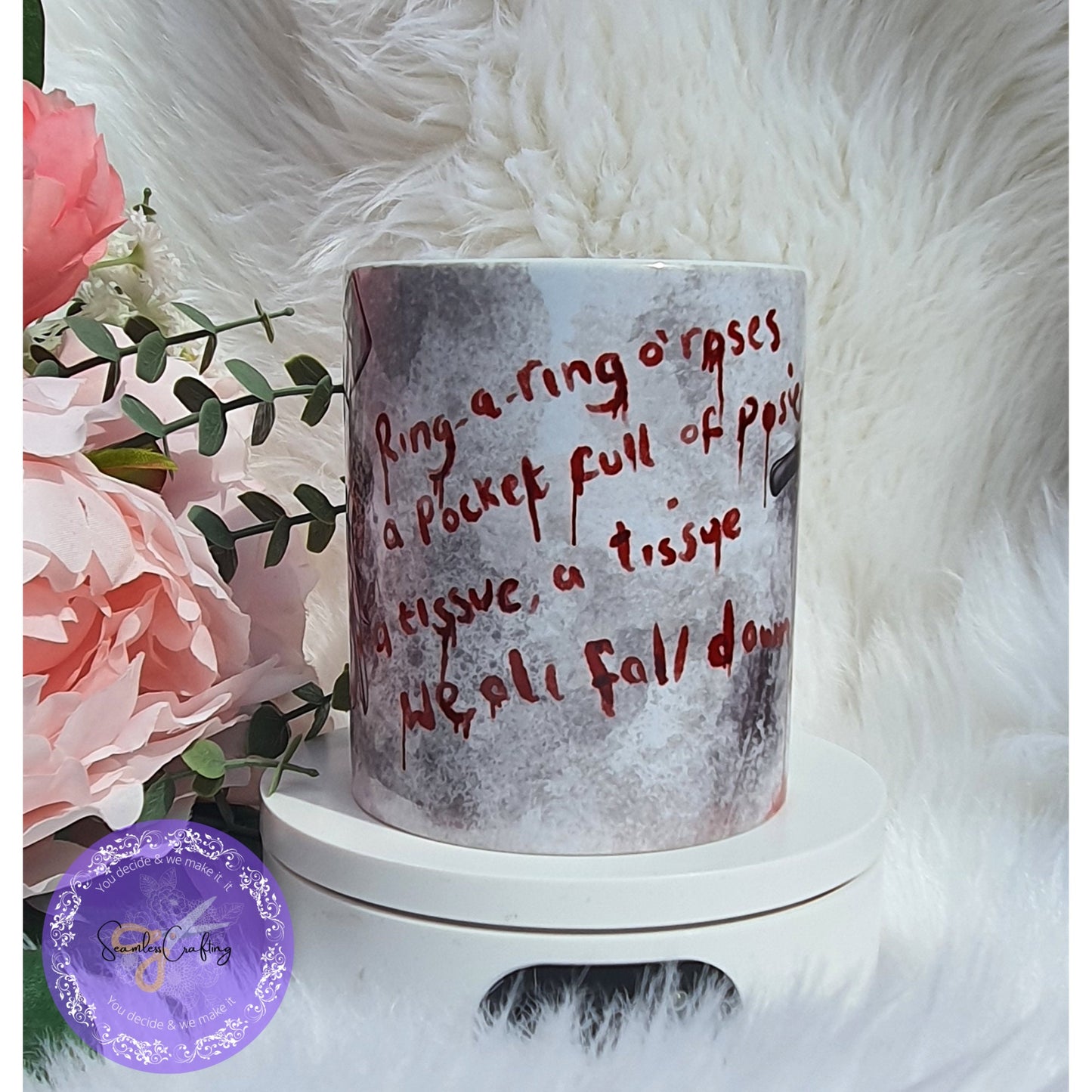 Creepy Haunted Doll Movie Themed Mug, Ring a Roses Scary Voodoo Doll Mug, Creepy Stuffed Rabbit, Evil Doll Halloween Axe Head, Bloody Rabbit