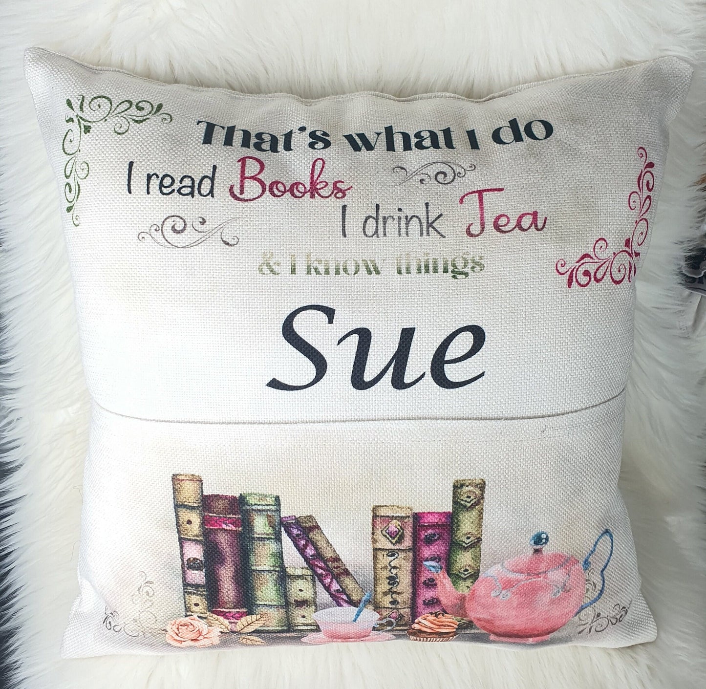 Personalised Pocket Reading Book Cushion, That's what I do cushion gifts, tea and loving reading pillow, Bedroom Decor, Unique Cushion
