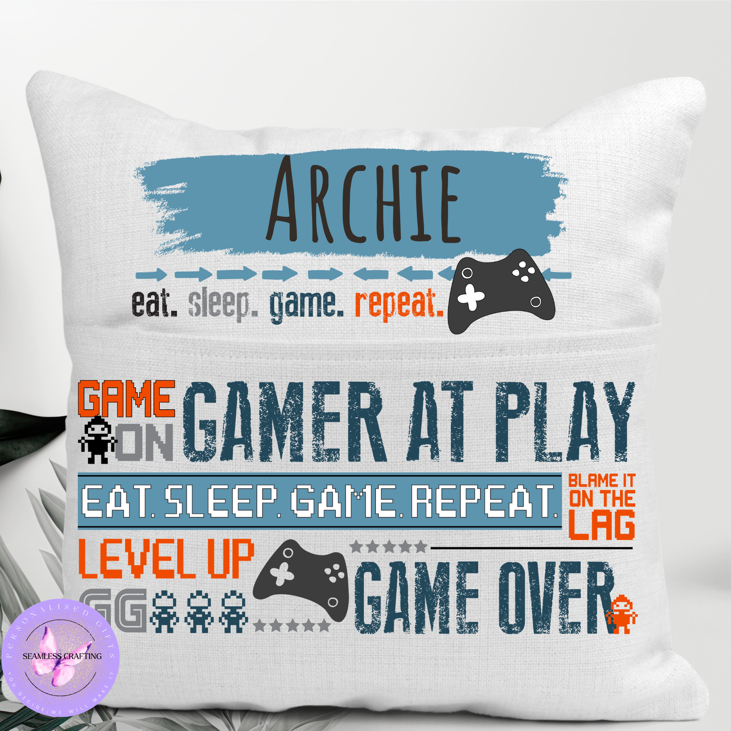 Personalised Gamer Reading Cushion – Custom Name Gaming Pillow with Pocket – Video Game Cushion for Kids and Teens