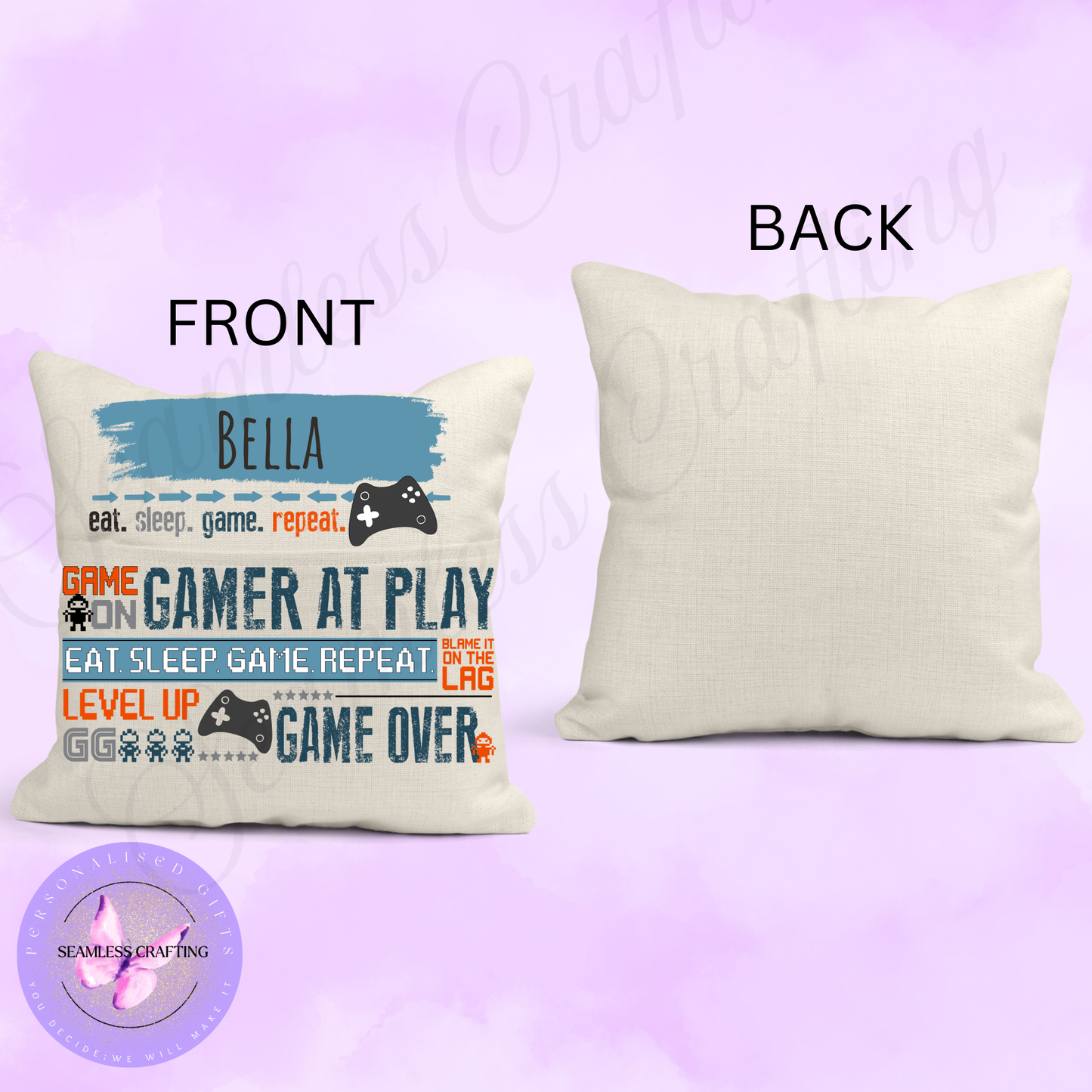 Personalised Gamer Reading Cushion – Custom Name Gaming Pillow with Pocket – Video Game Cushion for Kids and Teens