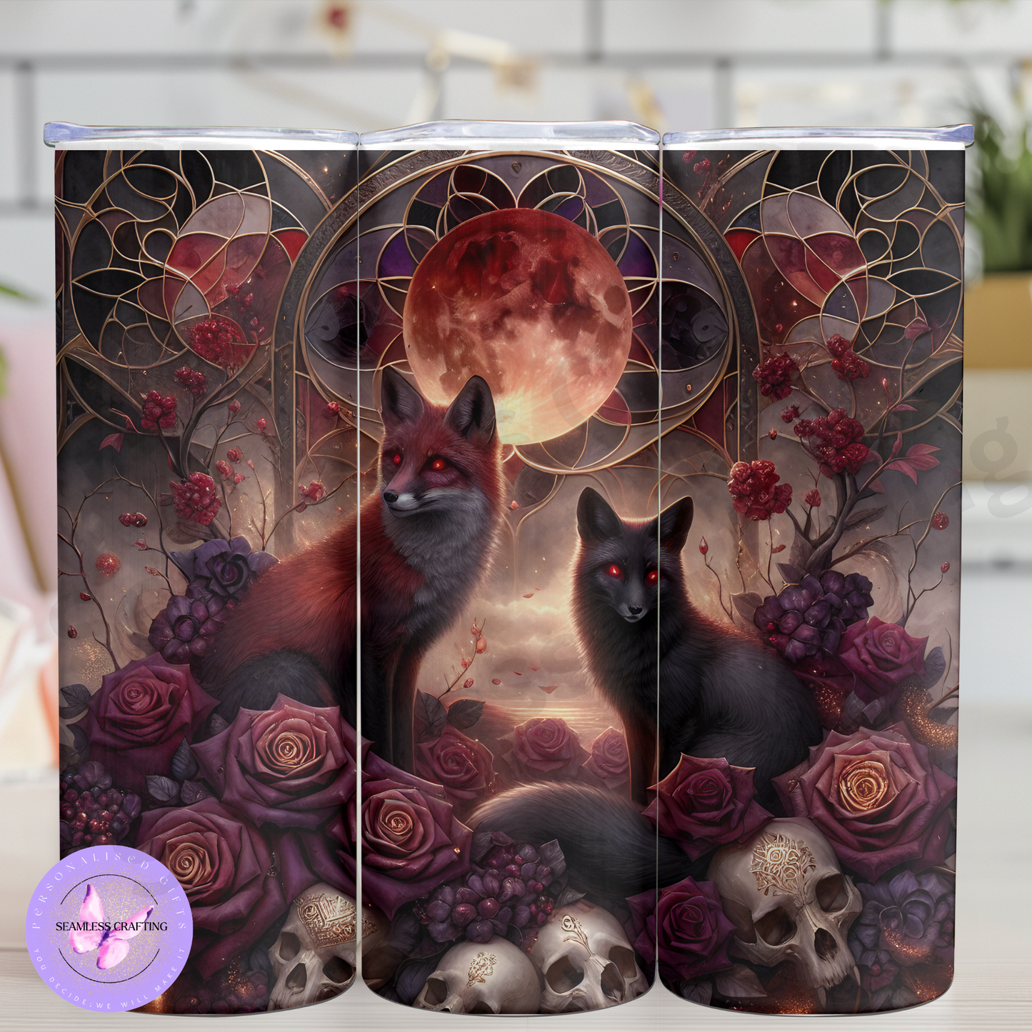 Mystical Fox & Blood Moon 20oz Stainless Steel Tumbler – Gothic Dark Fantasy Travel Cup with Lid & Straw