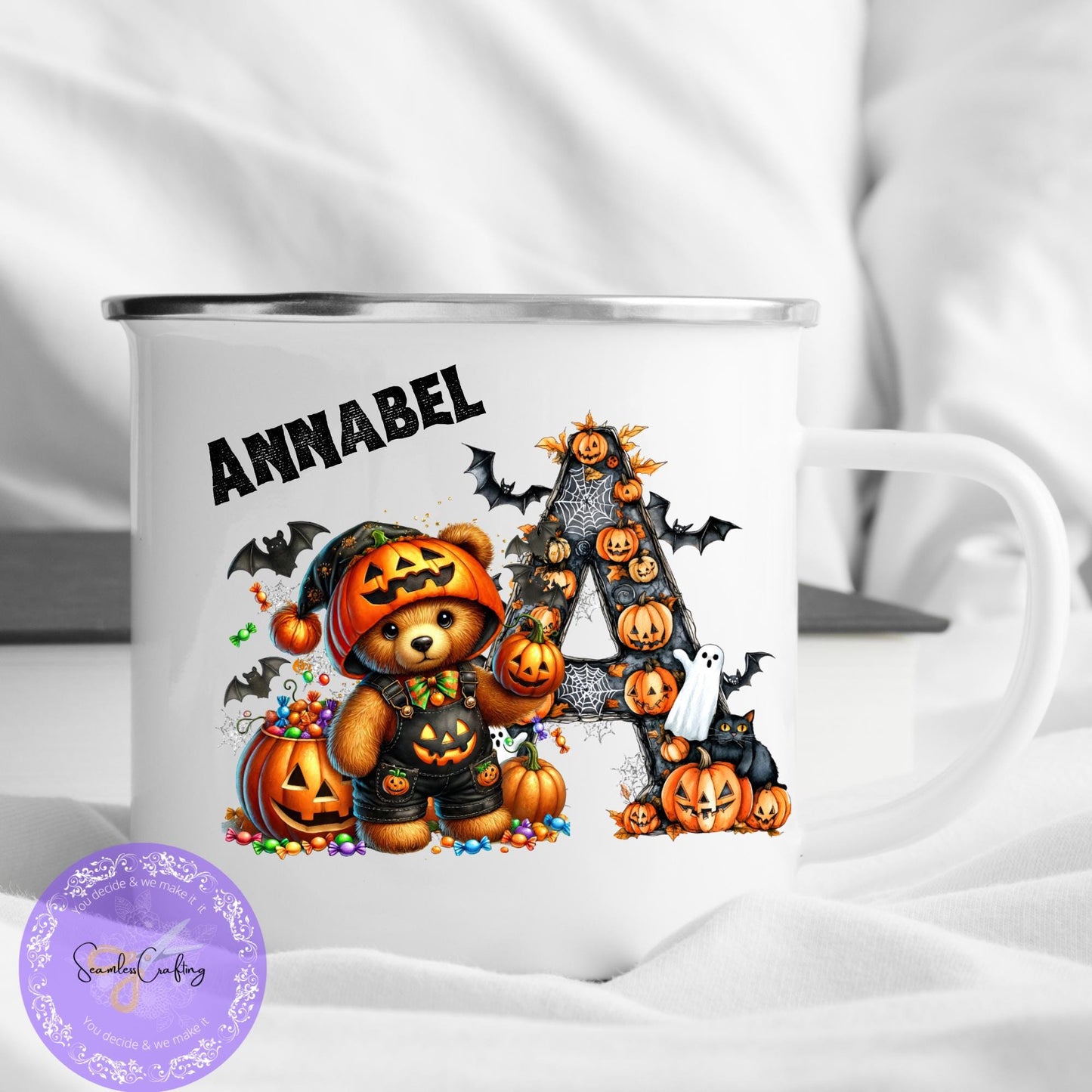 Personalised Halloween Alphabet letter enamel mug, Spooky teddy bear, Kids Halloween Boo, Movie night cup, Unbreakable mug for children
