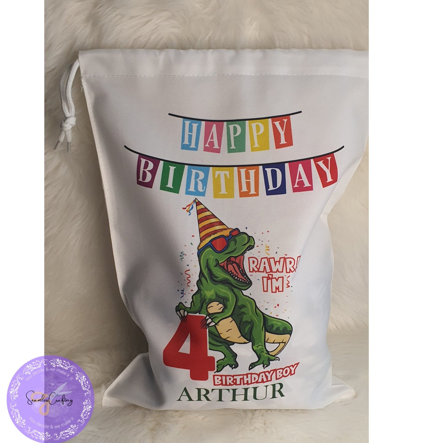 Personalised Name Birthday Gift Sack, Trex Toy Gift Bag, Happy Birthday Bag, Goodie Bag, Present Bag, Toddler, Storage Toy Bag, Unisex Bag