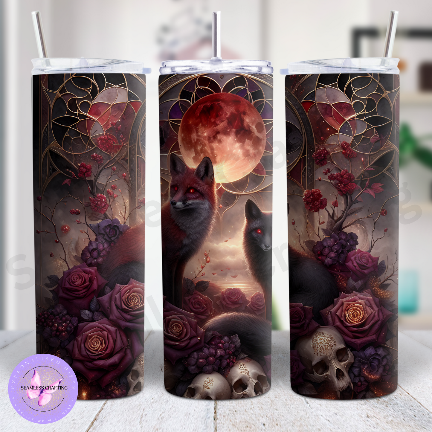 Mystical Fox & Blood Moon 20oz Stainless Steel Tumbler – Gothic Dark Fantasy Travel Cup with Lid & Straw